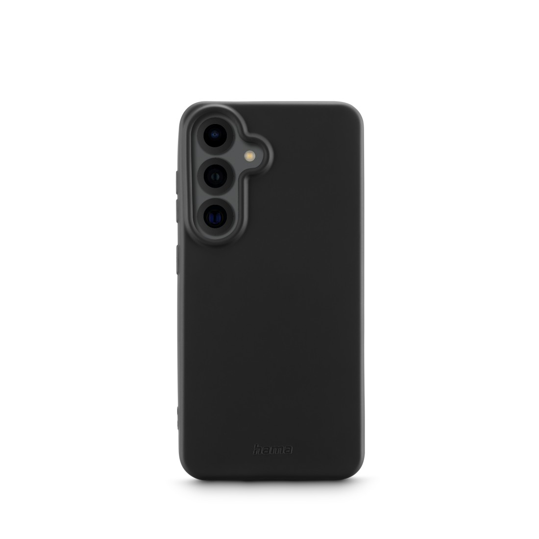 Schwarze Handyhülle auf weißem Hintergrund. Die Hülle passt zum Telefon mit den Kameraausschnitten. Der Markenname Hama ist sichtbar.