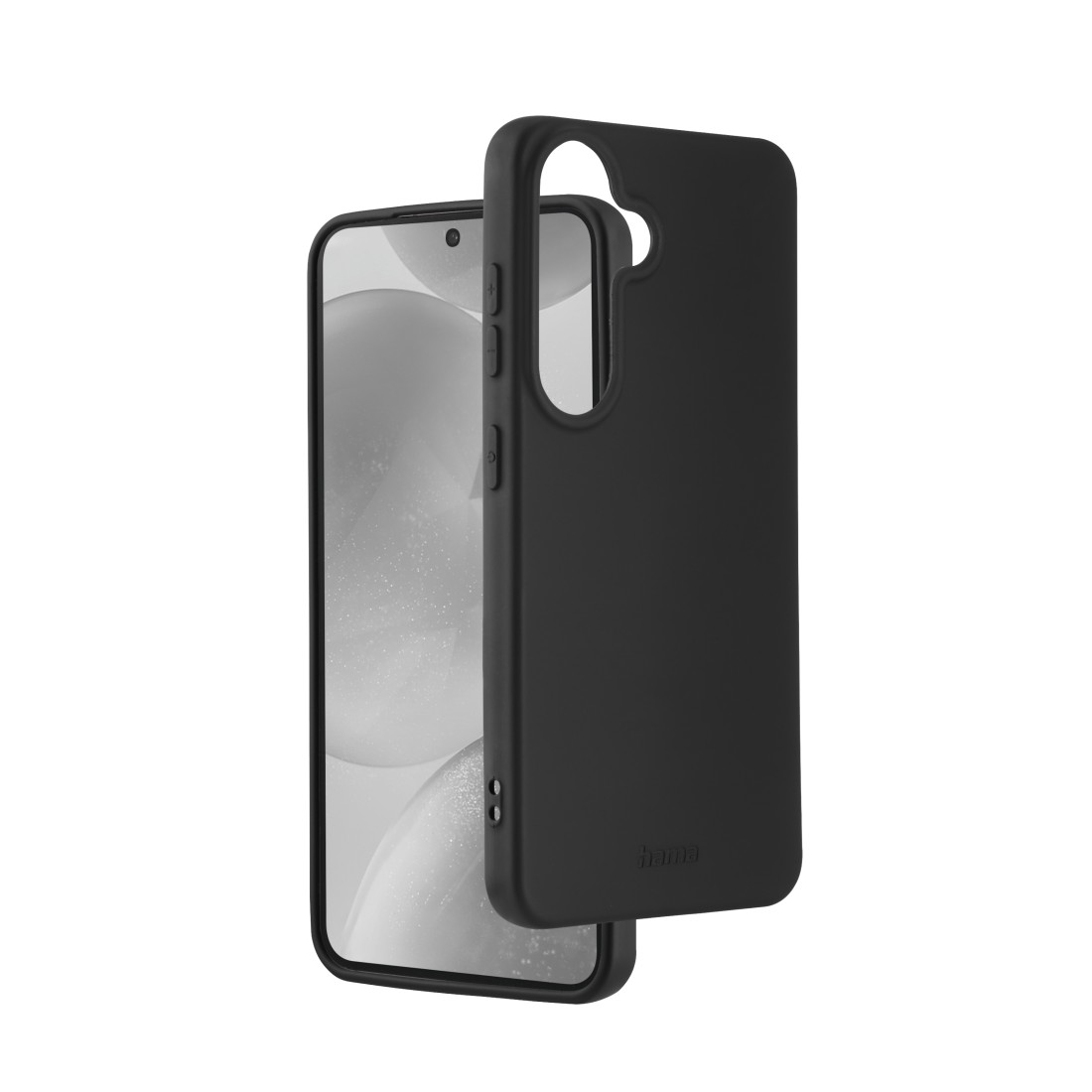 Eine schwarze Handyhülle mit einem Telefon darin, weißer Hintergrund.