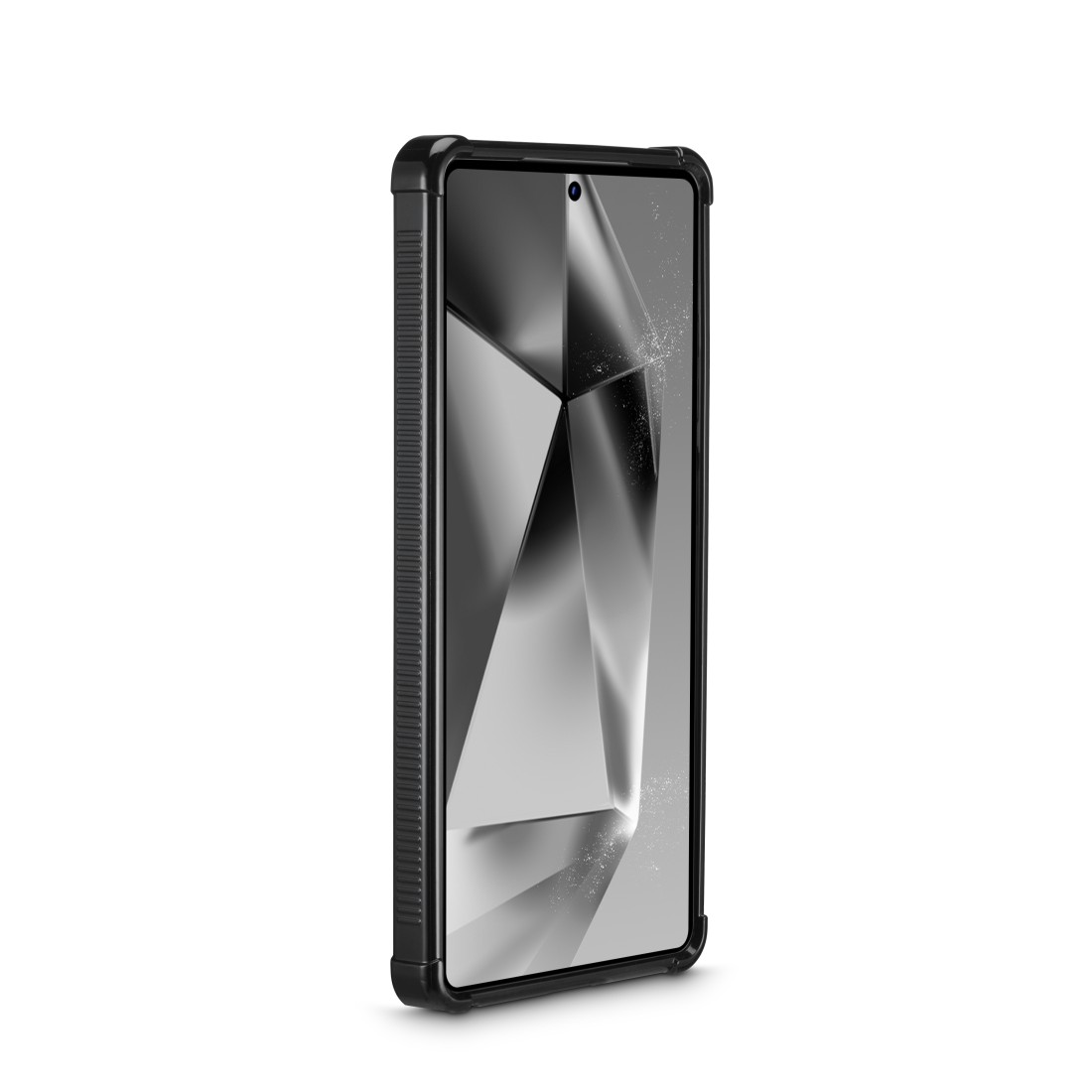 Schwarzes Telefon in Schutzhülle, mit Bildschirmanzeige, auf weißem Grund.