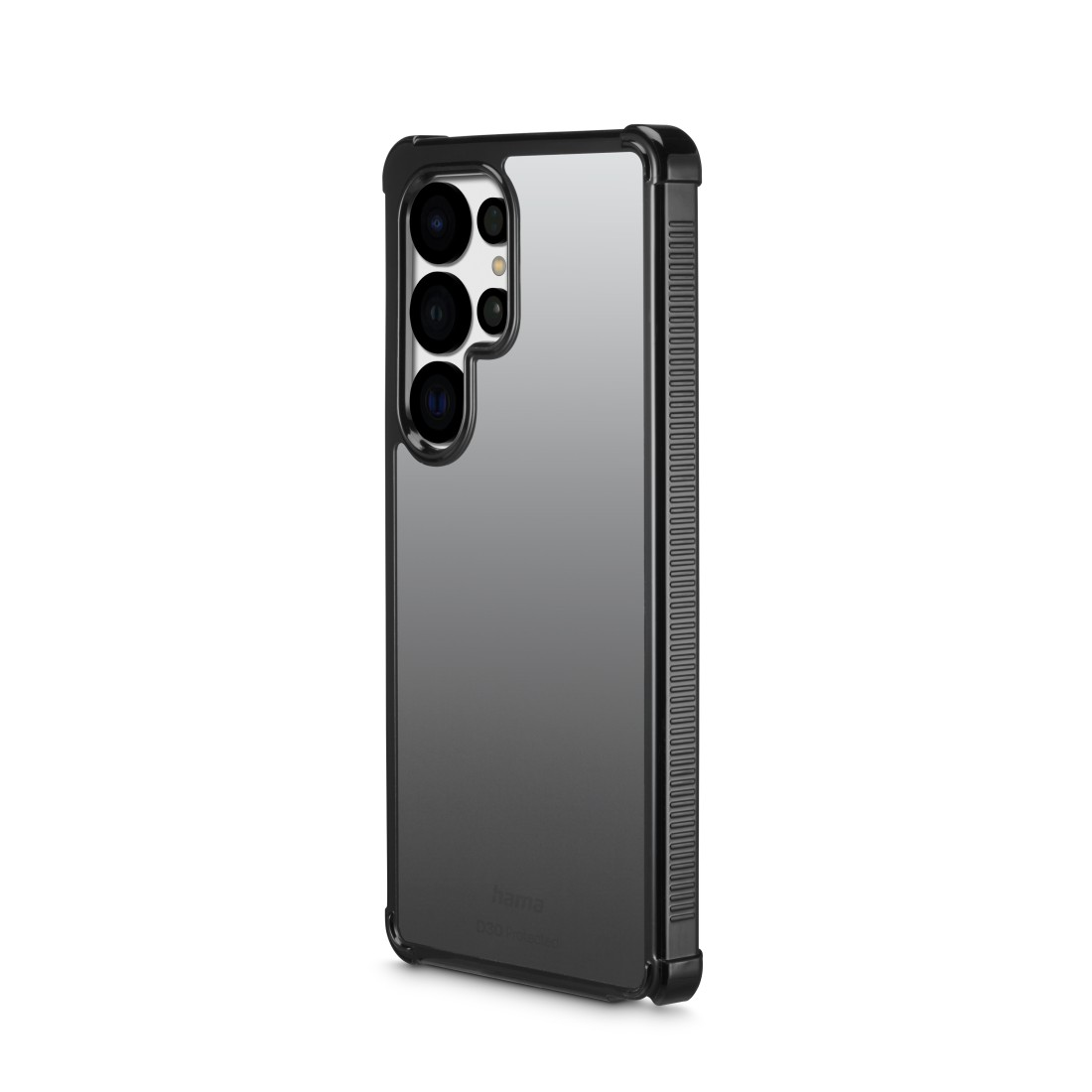 Schwarze Handyhülle mit transparenten Ecken. Kamera und Rückseite sichtbar.