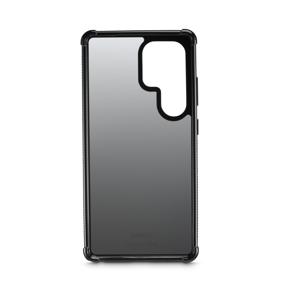 Schwarze Handyhülle mit glänzender Oberfläche, mit Kameraausschnitt und Logo der Marke.