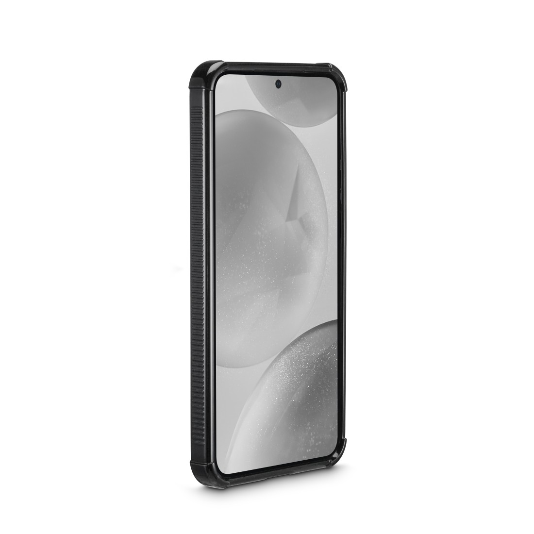 Ein schwarzes Telefon in einer Hülle. Der Bildschirm zeigt ein verschwommenes Bild. Schwarzes Gehäuse mit schwarzem Rahmen.