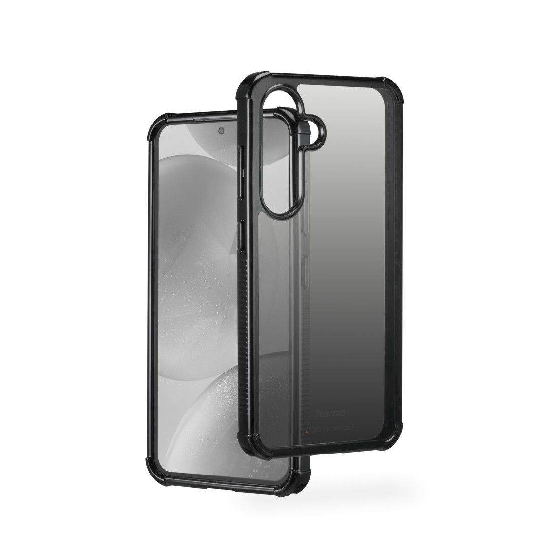 Eine Handyhülle mit schwarzem Rahmen und einem Telefon darin, auf Weiß.