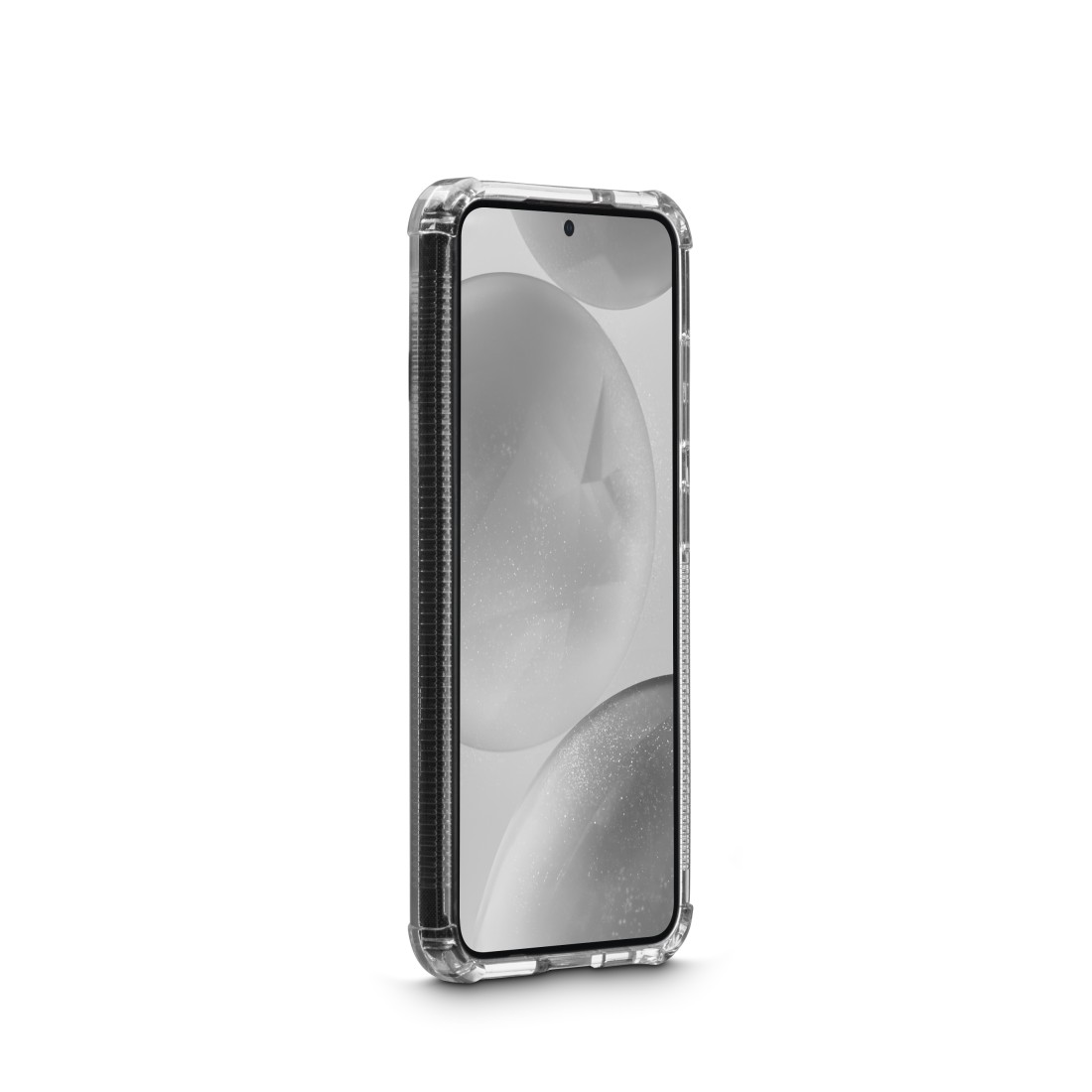 Transparente Handyhülle auf einem Telefon. Bildschirm zeigt Graustufen-Hintergrund.