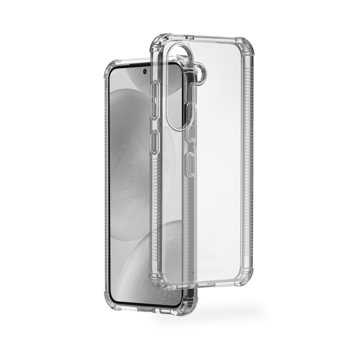 Transparente Handyhülle mit einem Telefon darin, das einen verschwommenen Hintergrund zeigt.