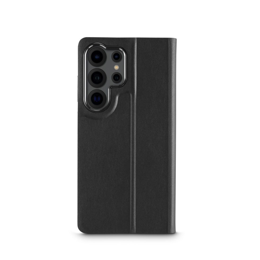 Schwarze Handyhülle mit Abdeckung. Das Telefon hat mehrere Kameras.
