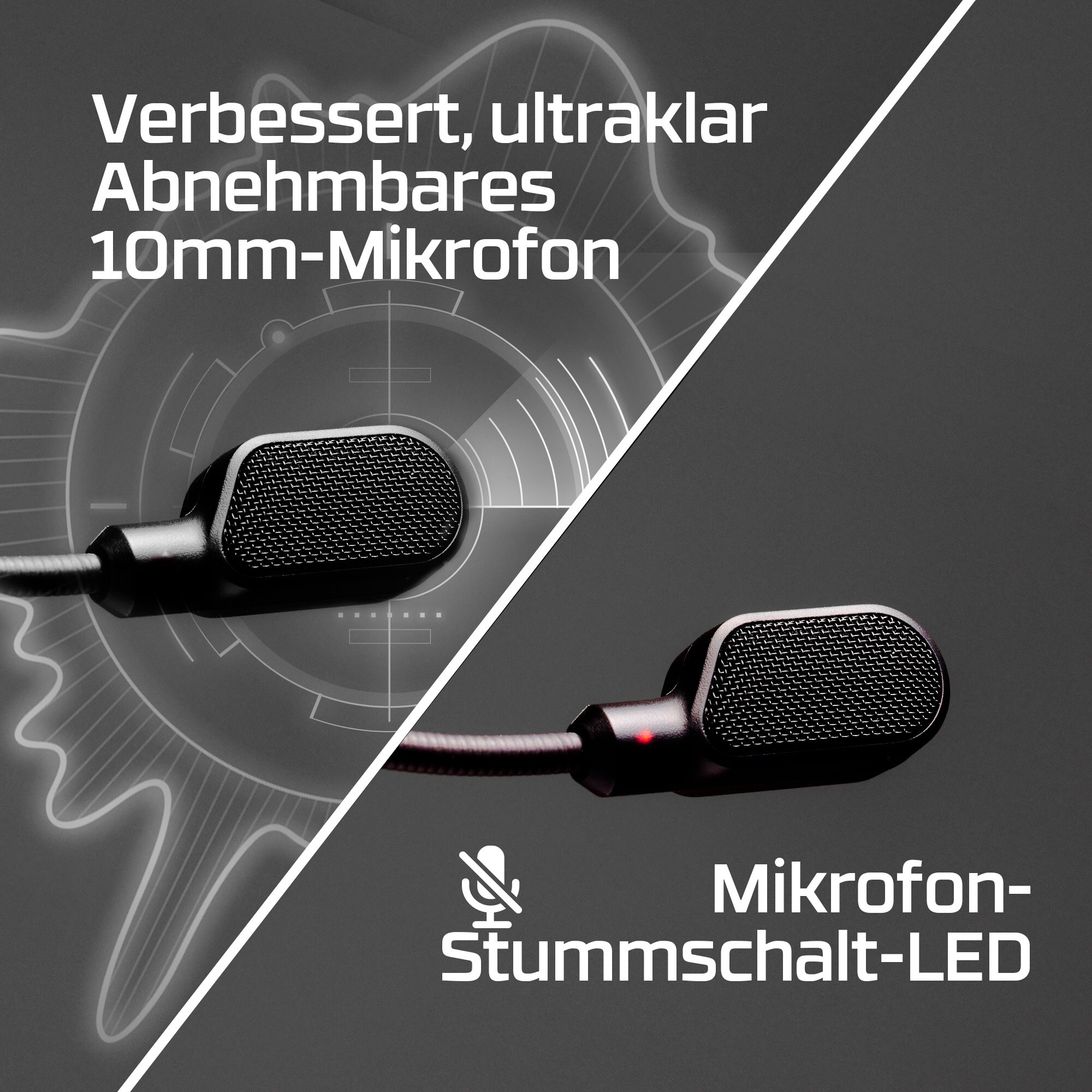 Abnehmbares Mikrofon mit Mute-LED auf schwarzem Hintergrund.