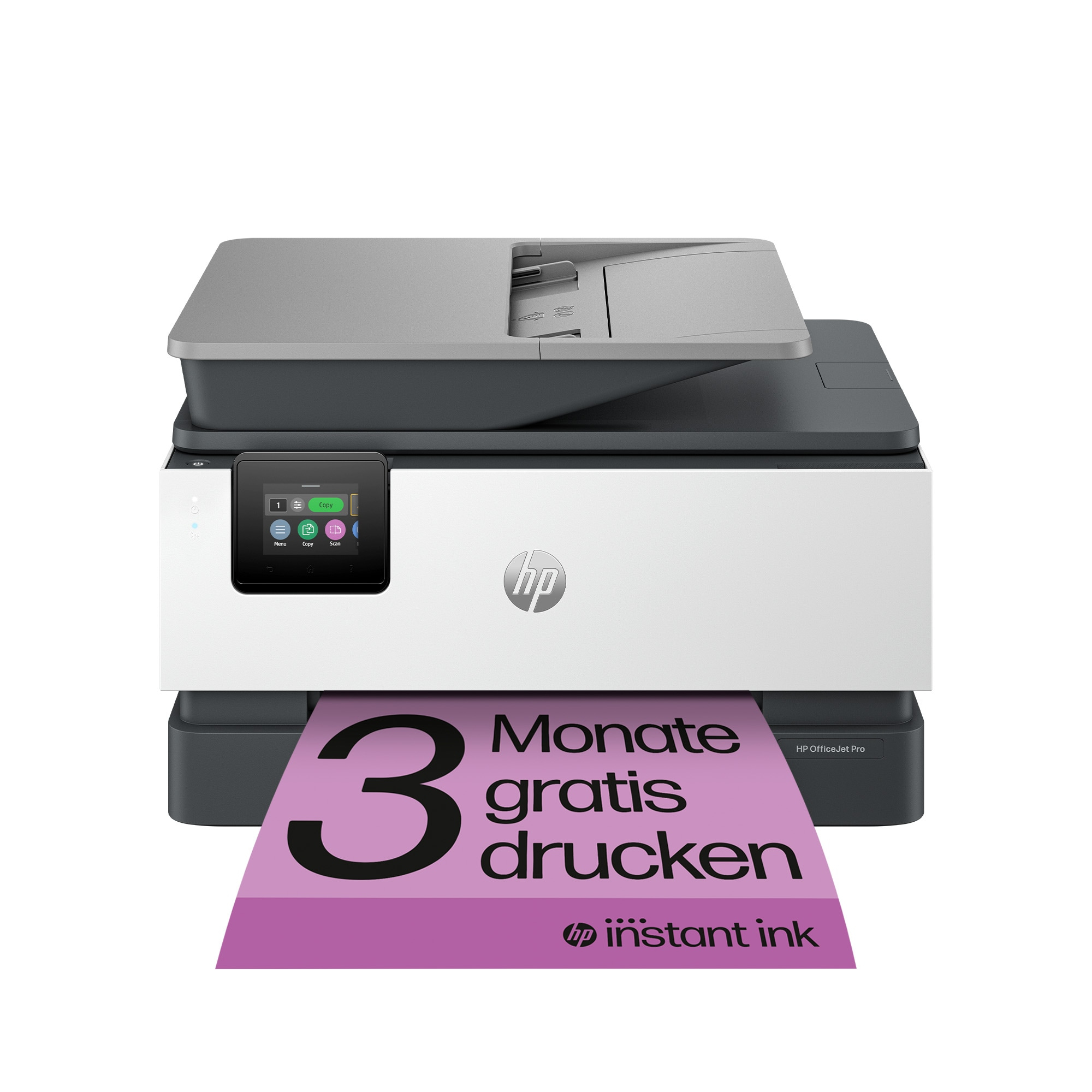 Ein weiß-grauer Drucker mit einem Angebot für drei Monate kostenloses Drucken. Ein pinkes Banner ist sichtbar.