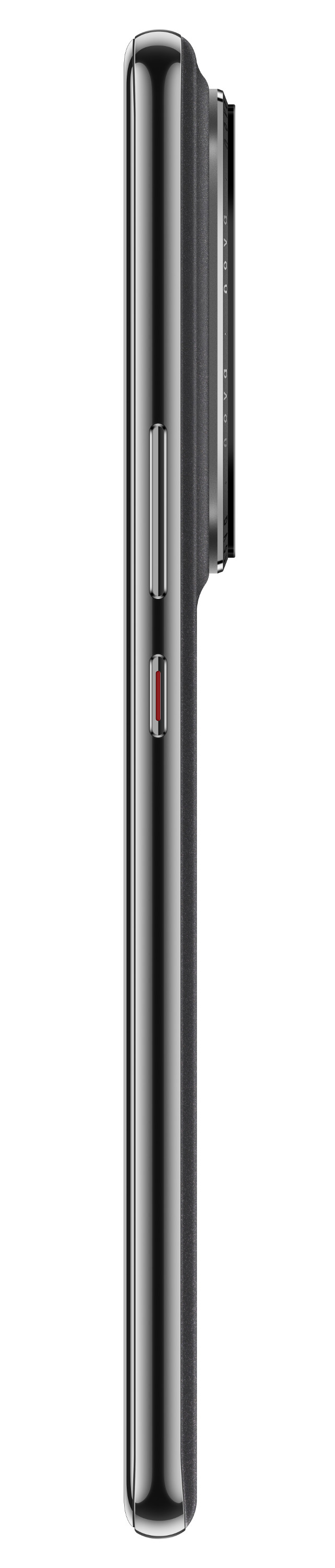 Widok z boku czarnego smartfona. Posiada przycisk zasilania i czerwony przycisk z boku.