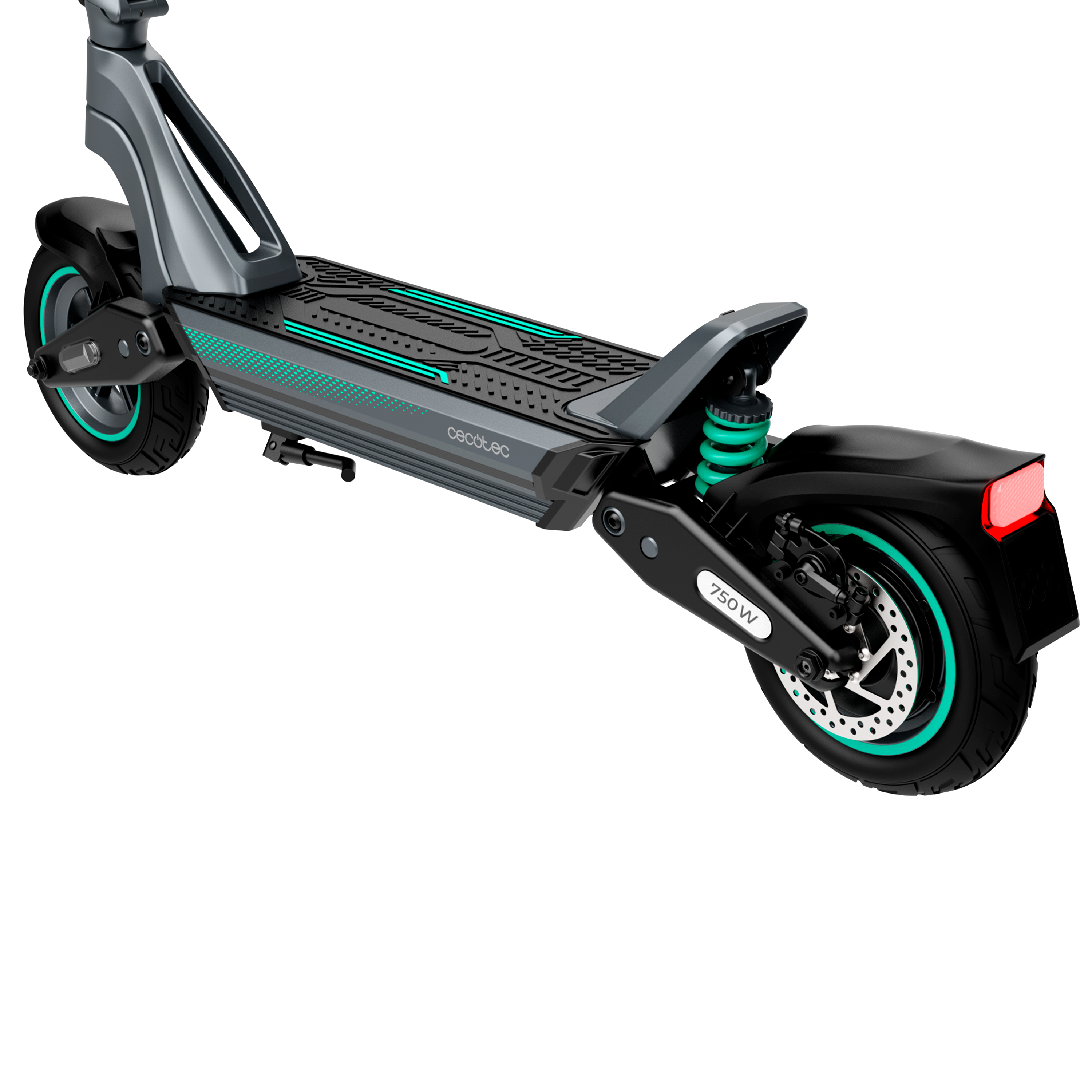 Scooter eléctrico, negro y verde azulado, vista trasera.
