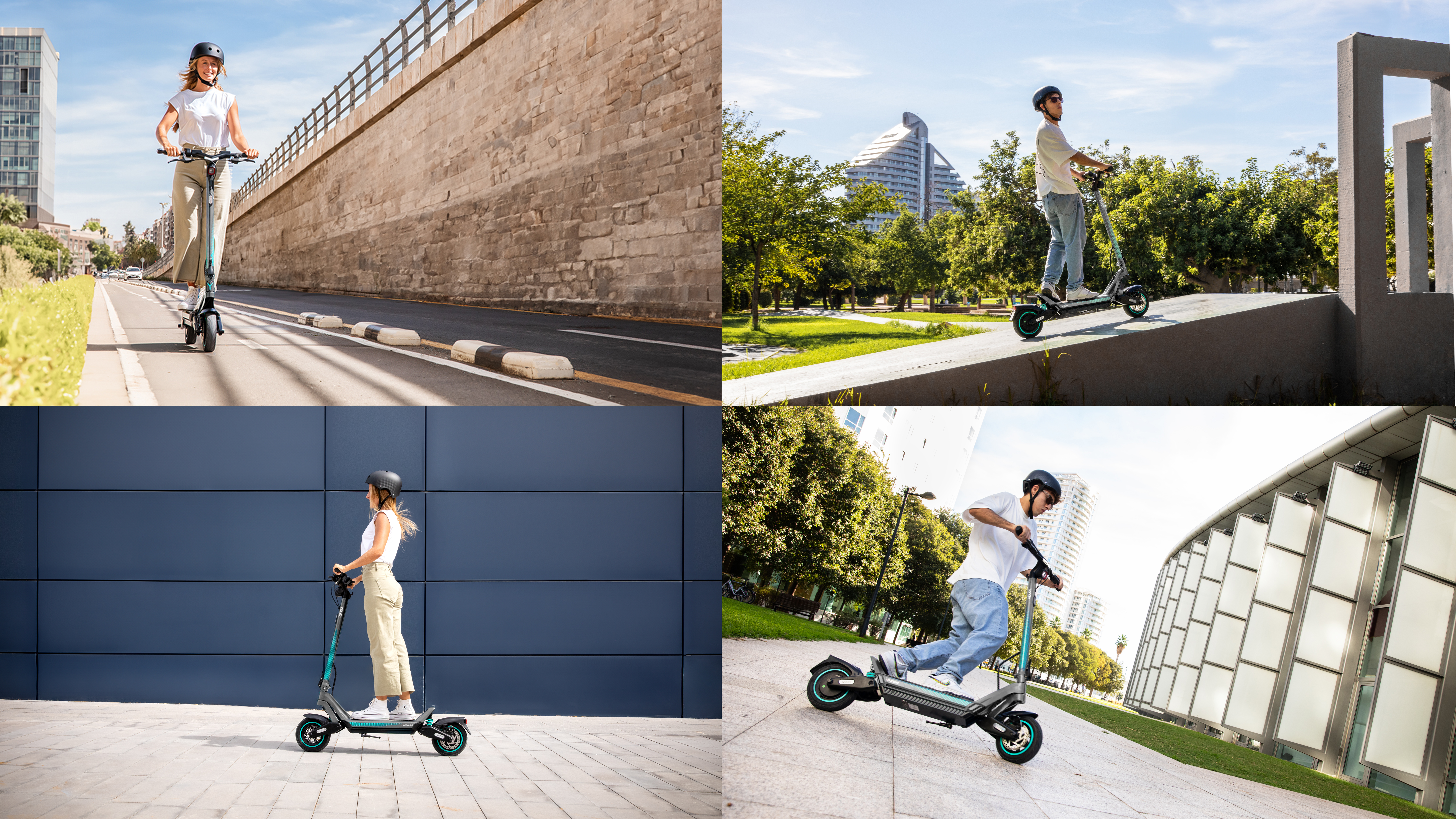 Múltiples imágenes de personas en scooters, varios entornos.
