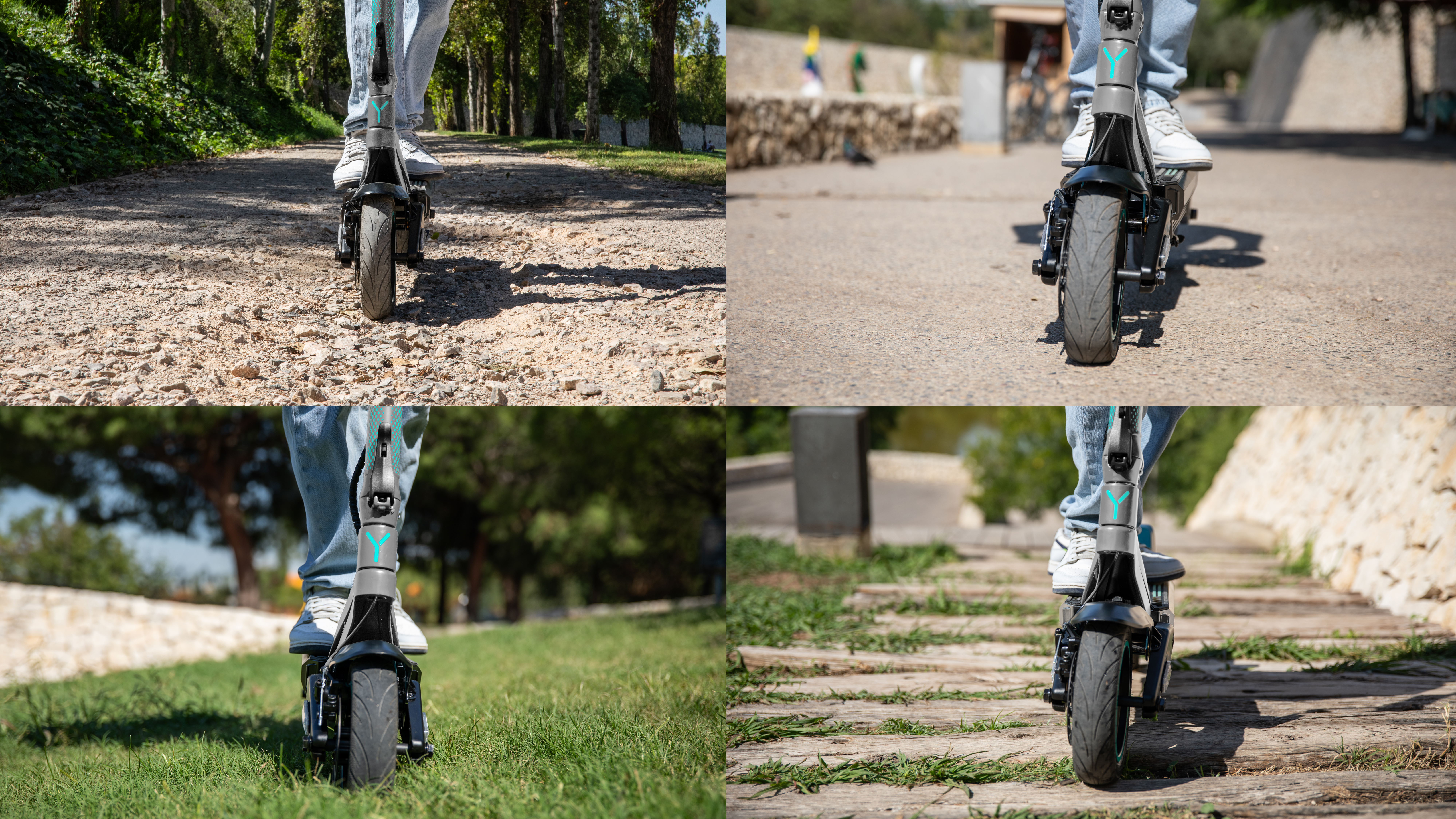 Múltiples vistas de las ruedas de scooter en diferentes superficies.