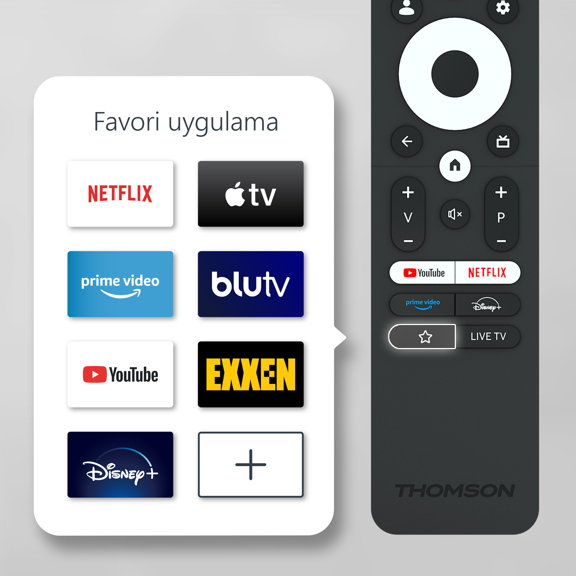 Thomson uzaktan kumandası, favori uygulamalar ve menü beyaz arka plan.