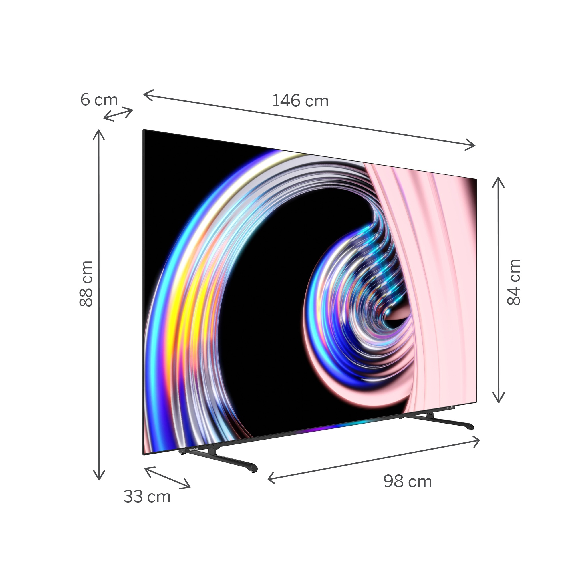 Boyutları olan büyük TV. Ekran ve stand detaylarını gösterir: 146 cm genişlik, 88 cm yükseklik, 6 cm derinlik, 98 cm stand.