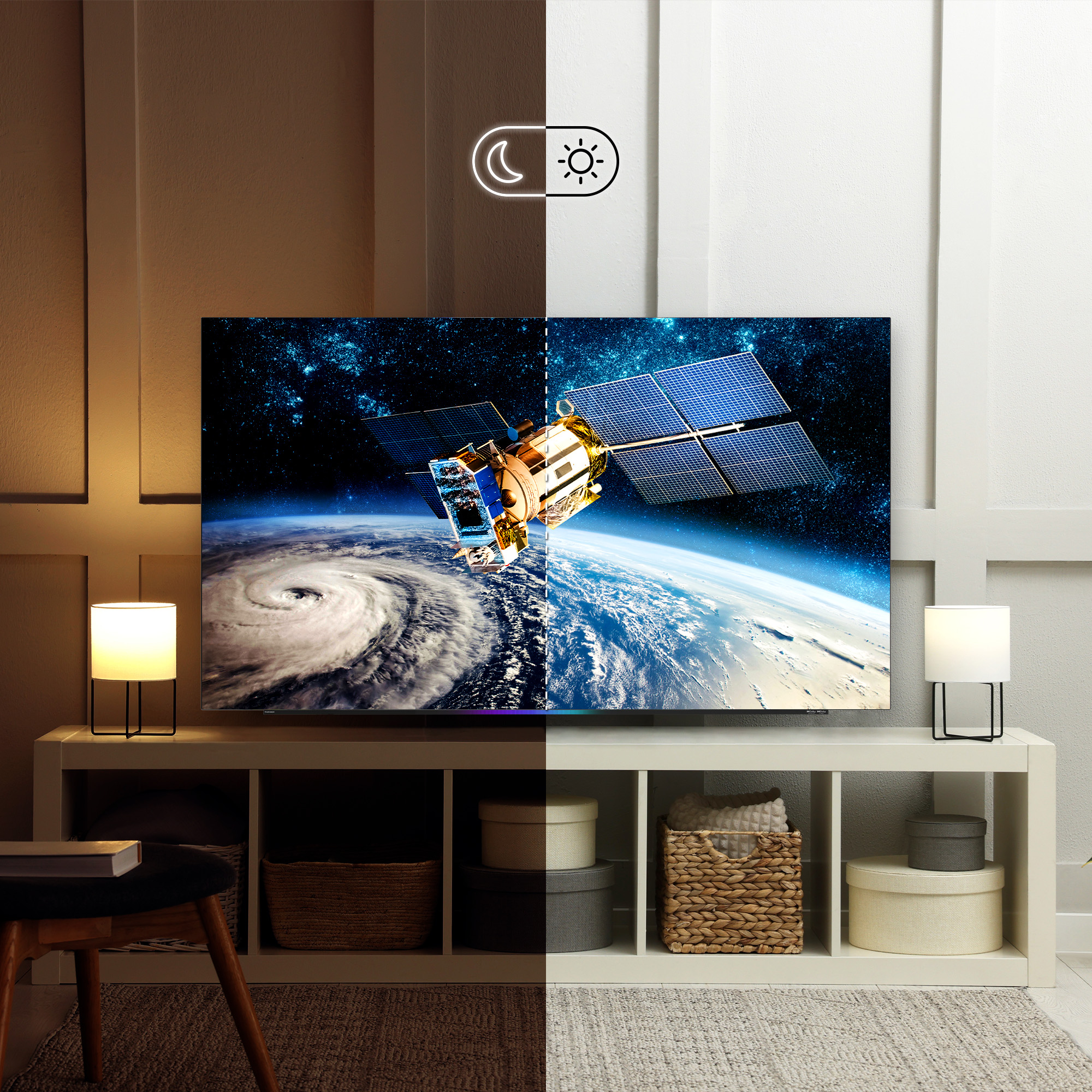 Beyaz rafta uydu görüntüsü olan TV, gündüz/gece modu seçeneği.