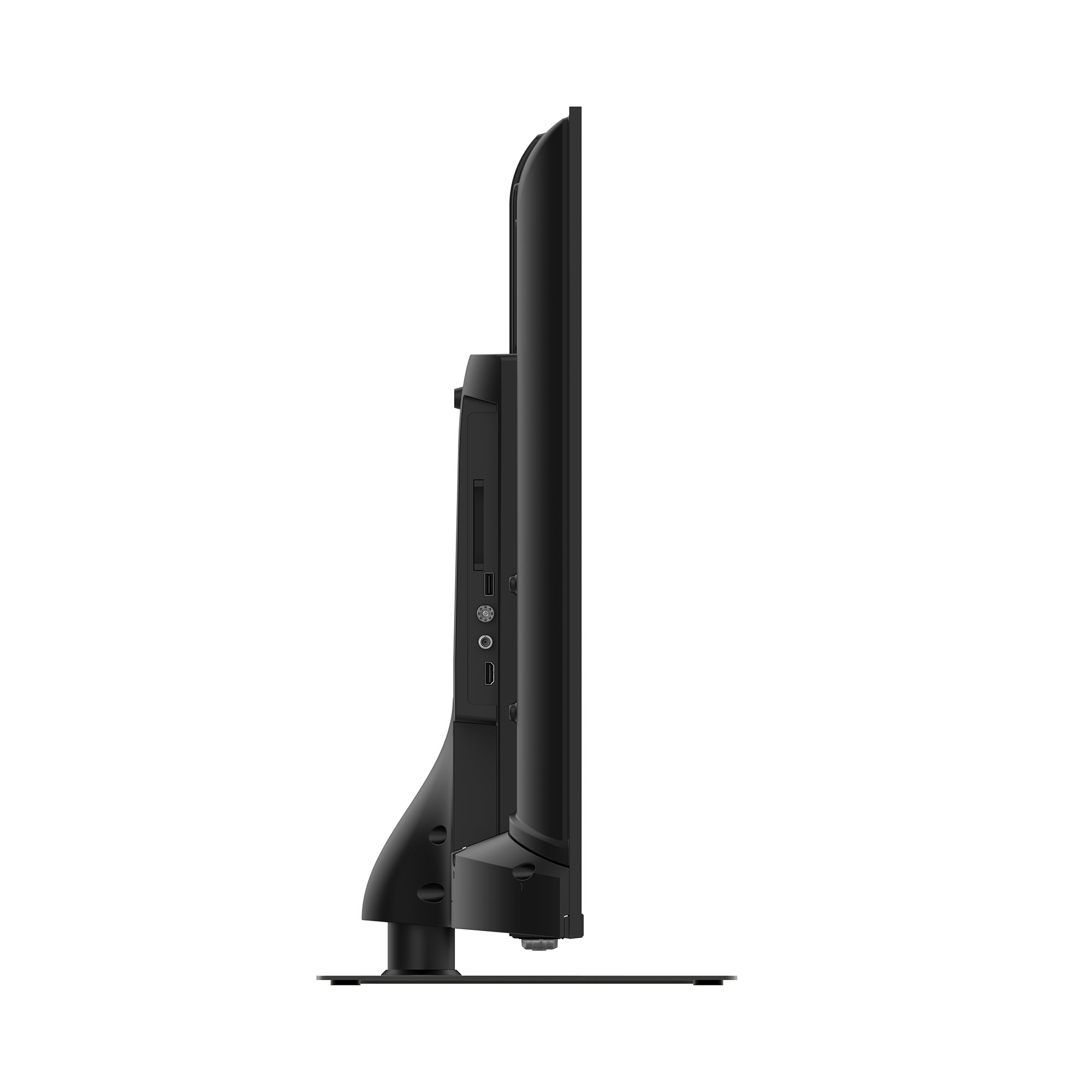 Siyah bir TV, bir stand üzerinde yandan görünüm, bağlantı noktalarını ve beyaz bir fon üzerinde şık, modern bir tasarımı gösteriyor.