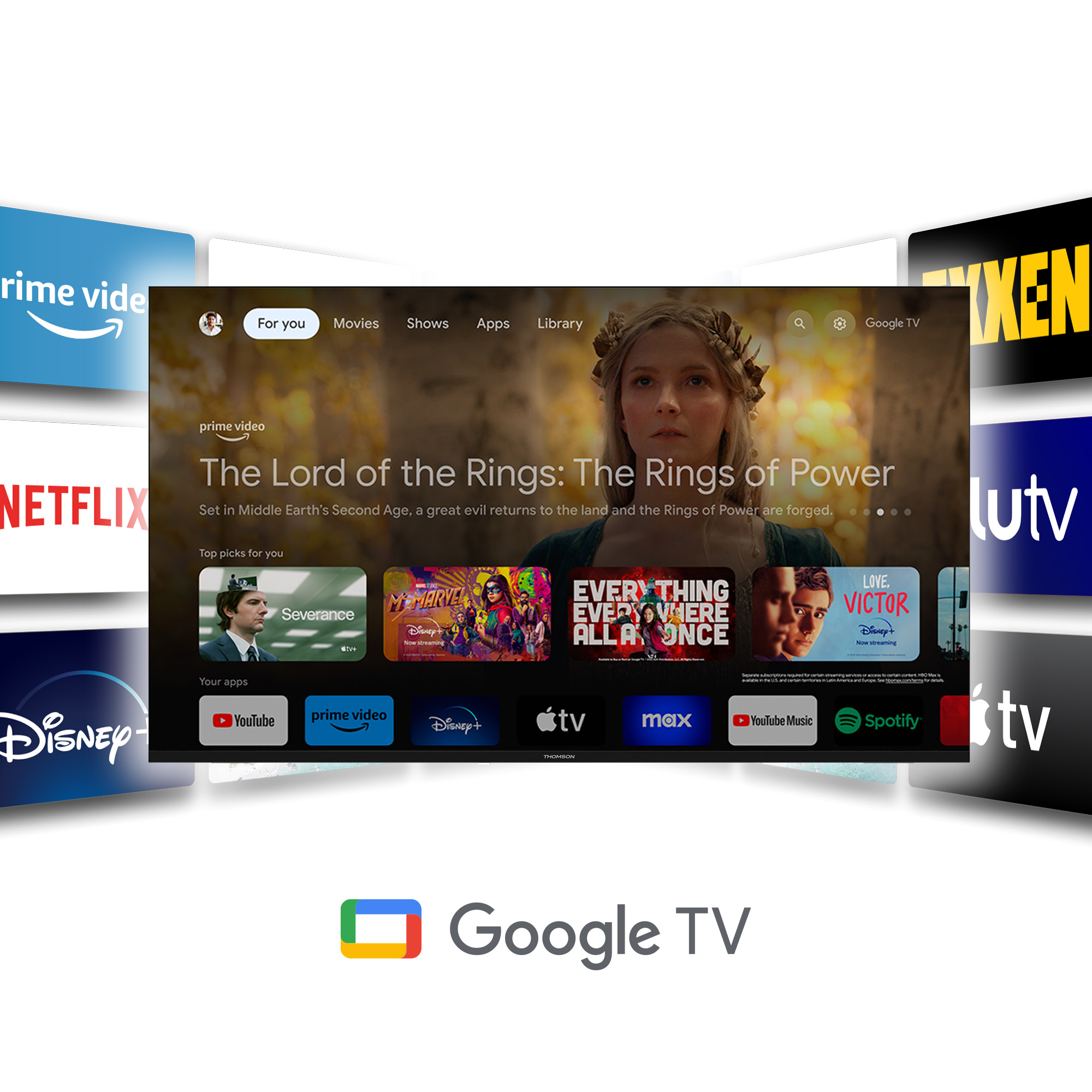 'Yüzüklerin Efendisi'ni Google TV arayüzünde görüntüleyen TV ekranı, uygulamalarla çevrili.