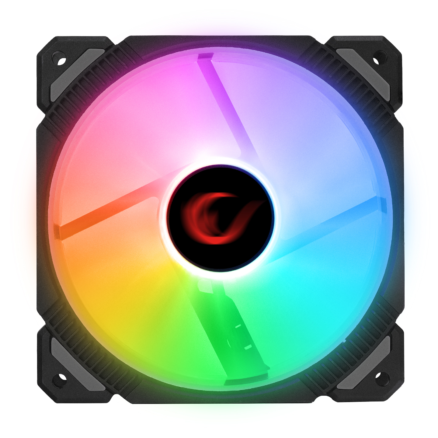 Renkli RGB ışıklı, siyah çerçeveli ve merkezi logolu bilgisayar fanı.