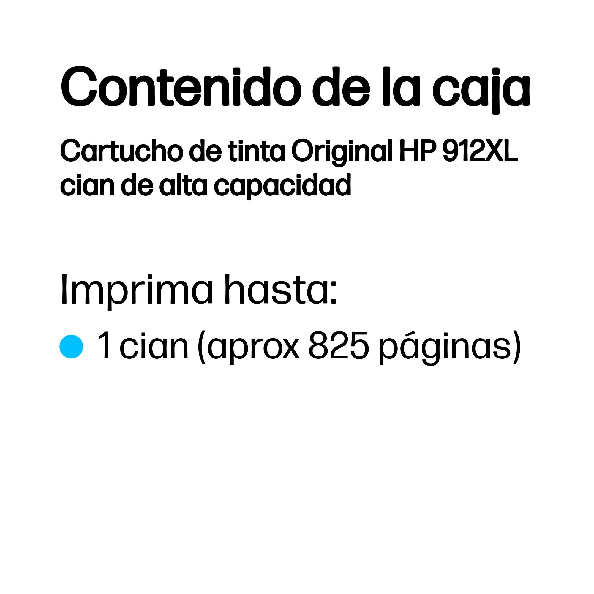 Fondo blanco con texto en español. El texto describe el contenido de una caja y la capacidad de impresión.