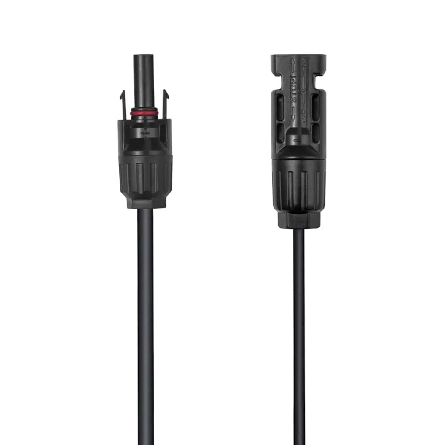 Two black solar panel connectors. One is plugged in, and the other is ready to connect.