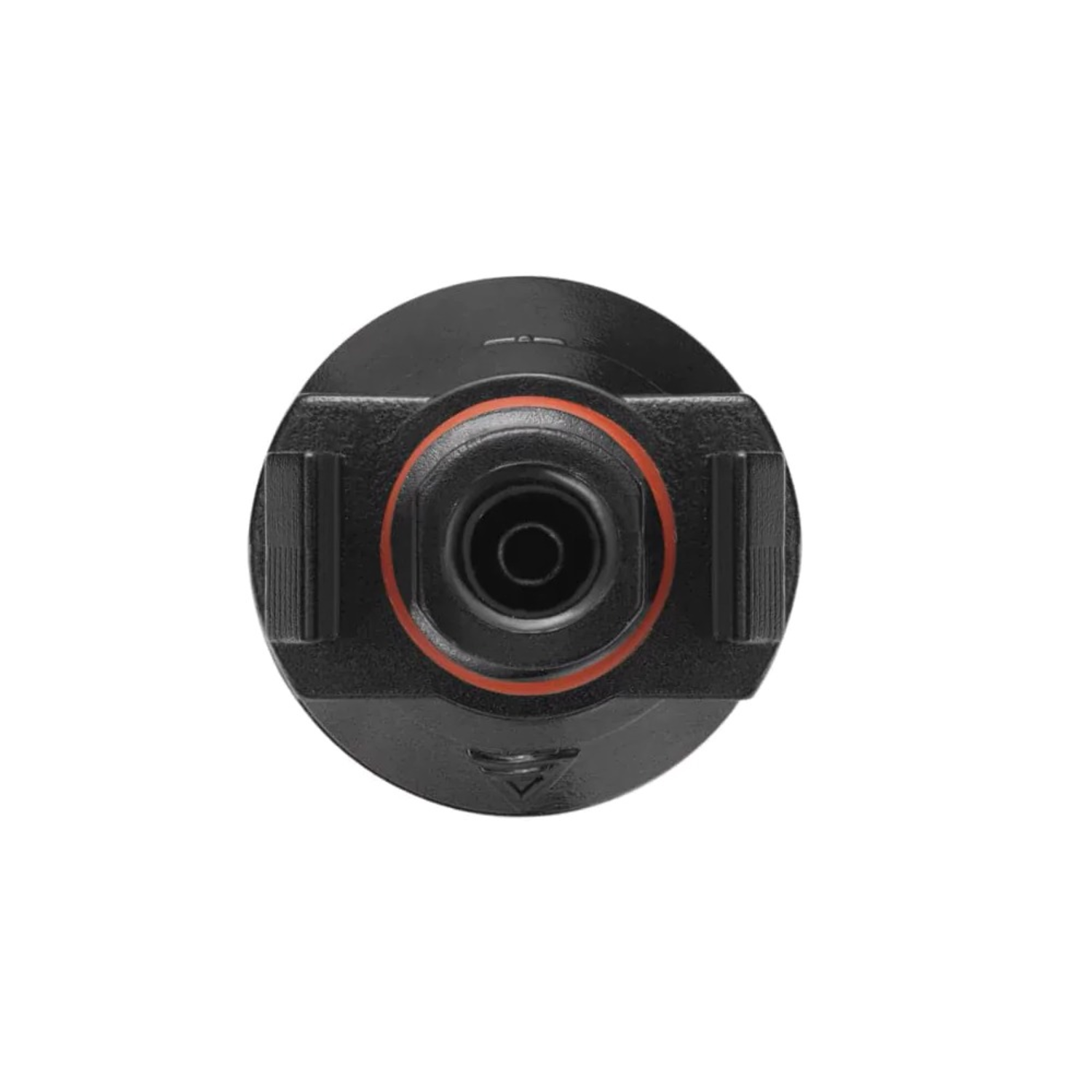 Close-up view of a black connector with an orange ring around a central hole.