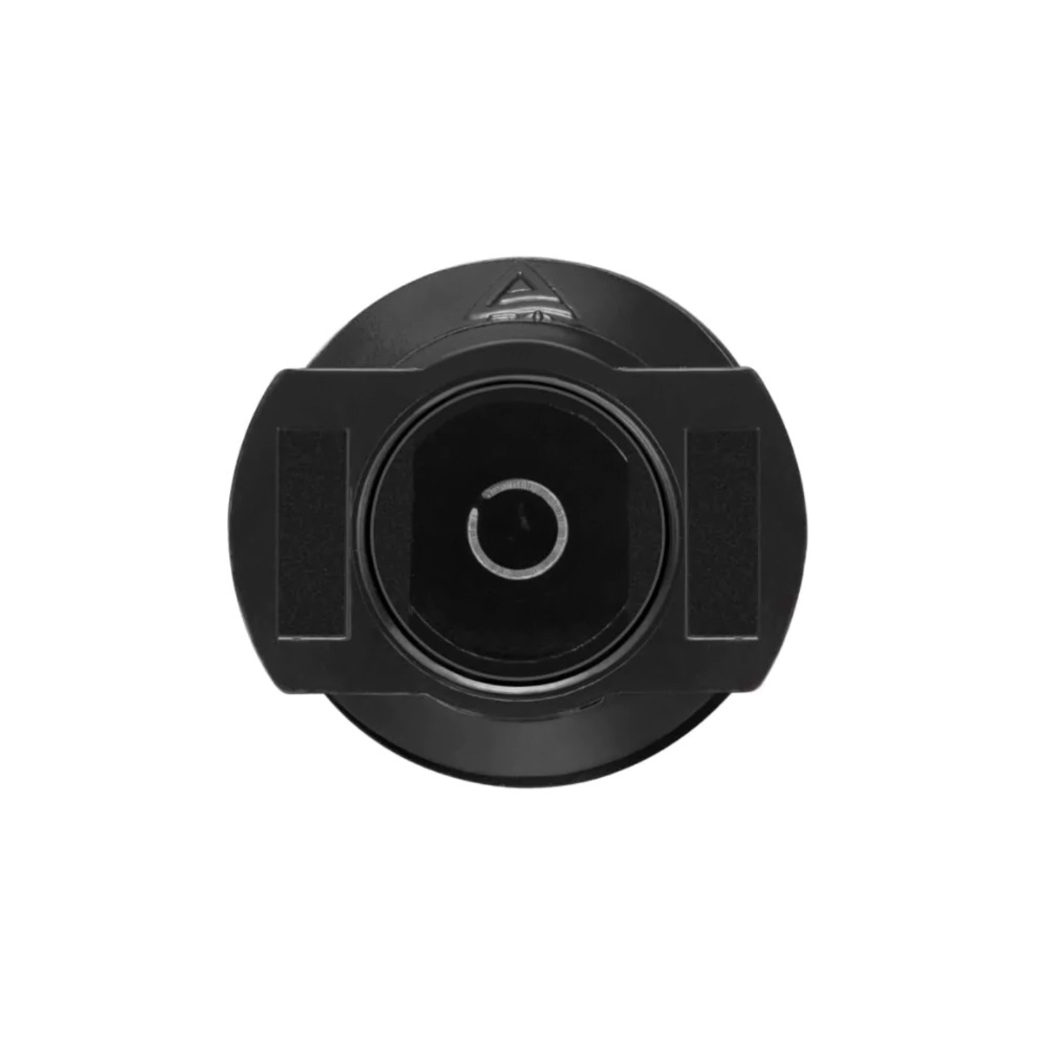Black, top-down view of a level indicator with a bubble in the center circle.