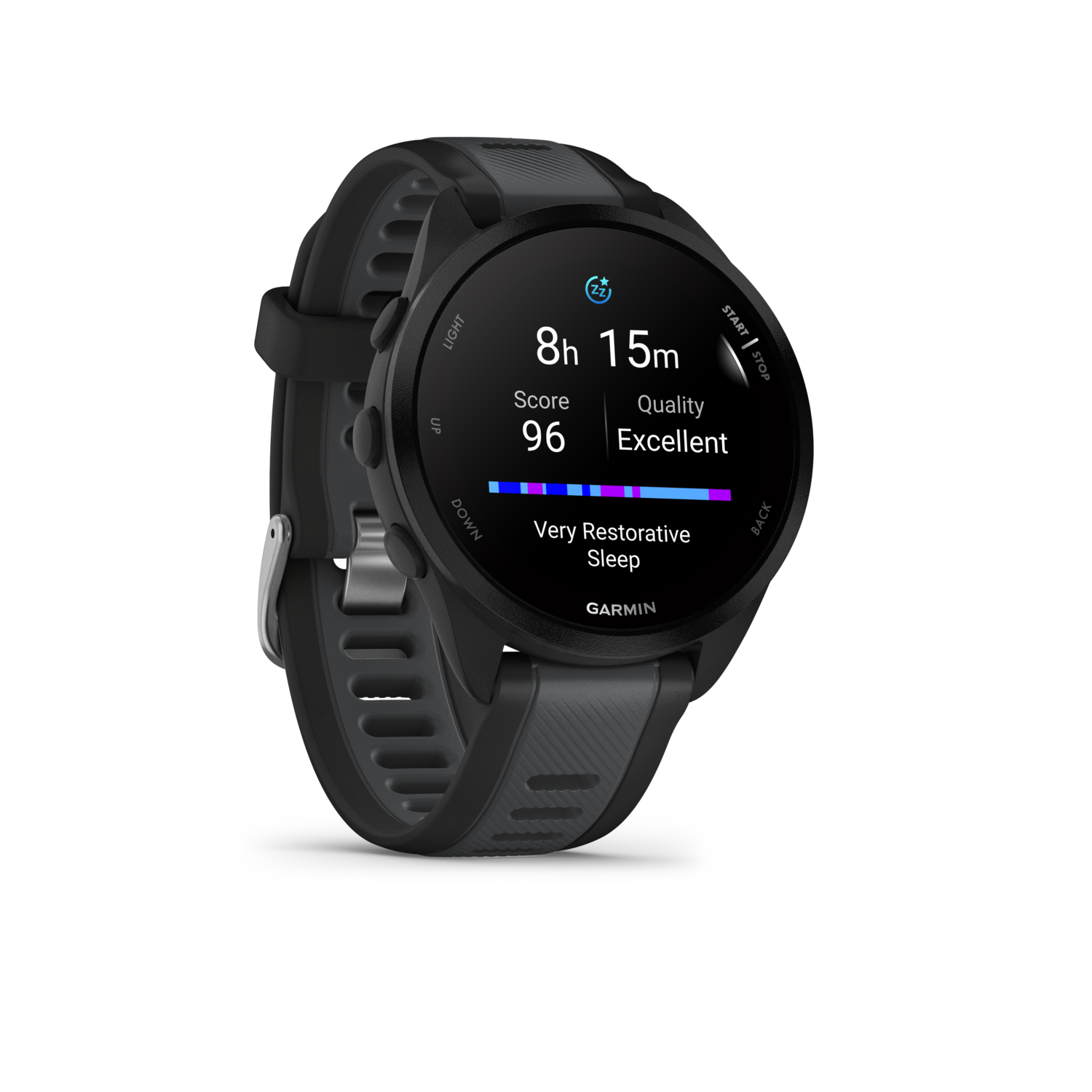 Black Garmin smartwatch with a round face, displaying sleep data. Shows score, quality, and time.