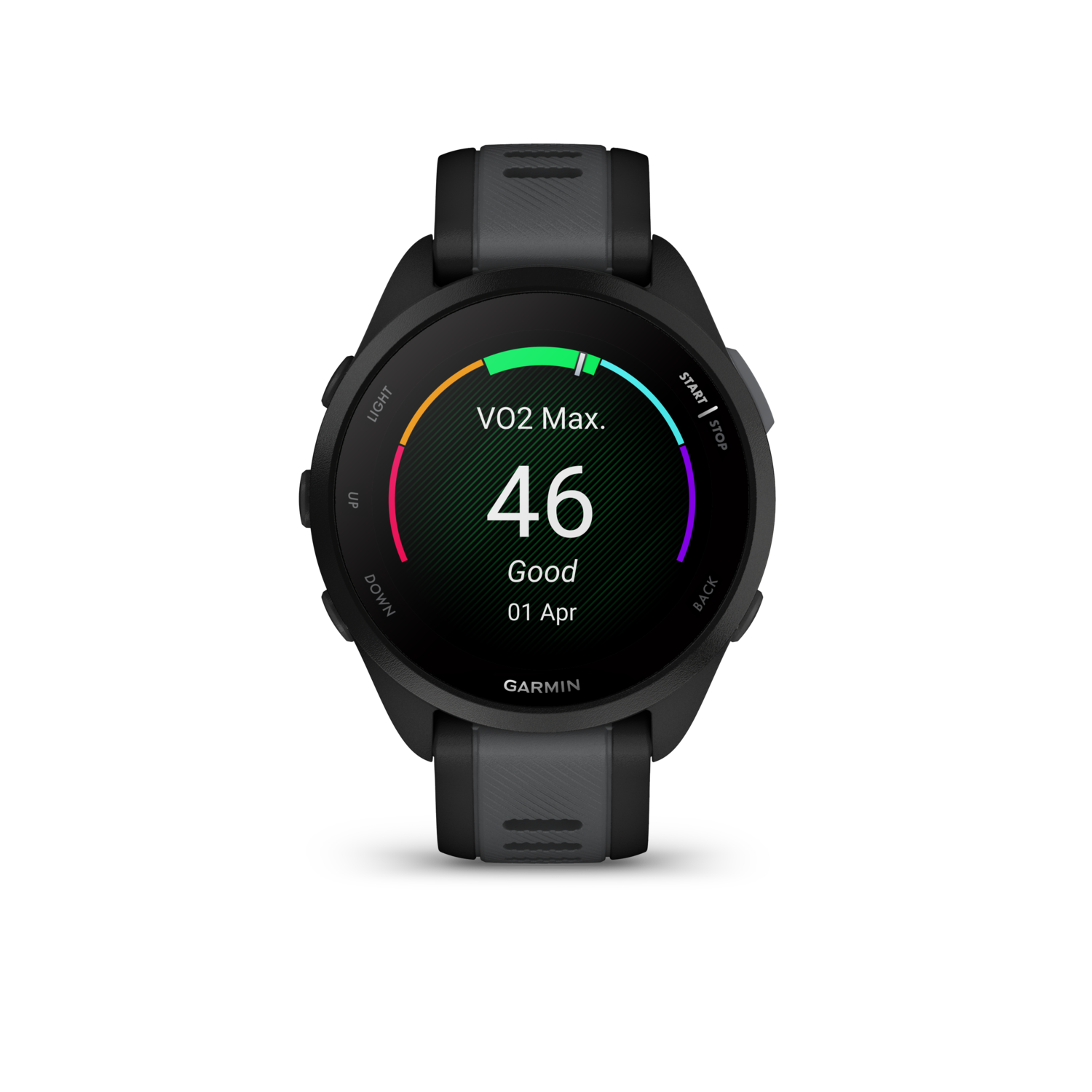 Garmin smartwatch shows VO2 Max reading on black background.