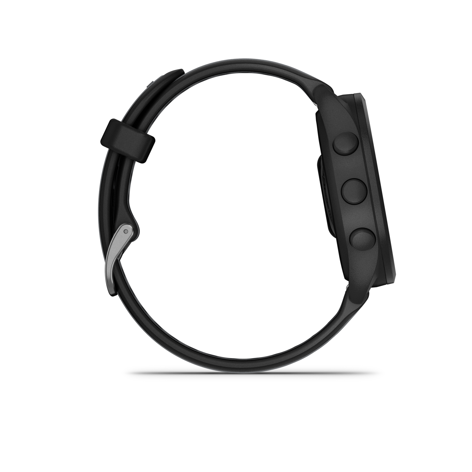 Black smartwatch with a black strap, seen from the side against a black background.