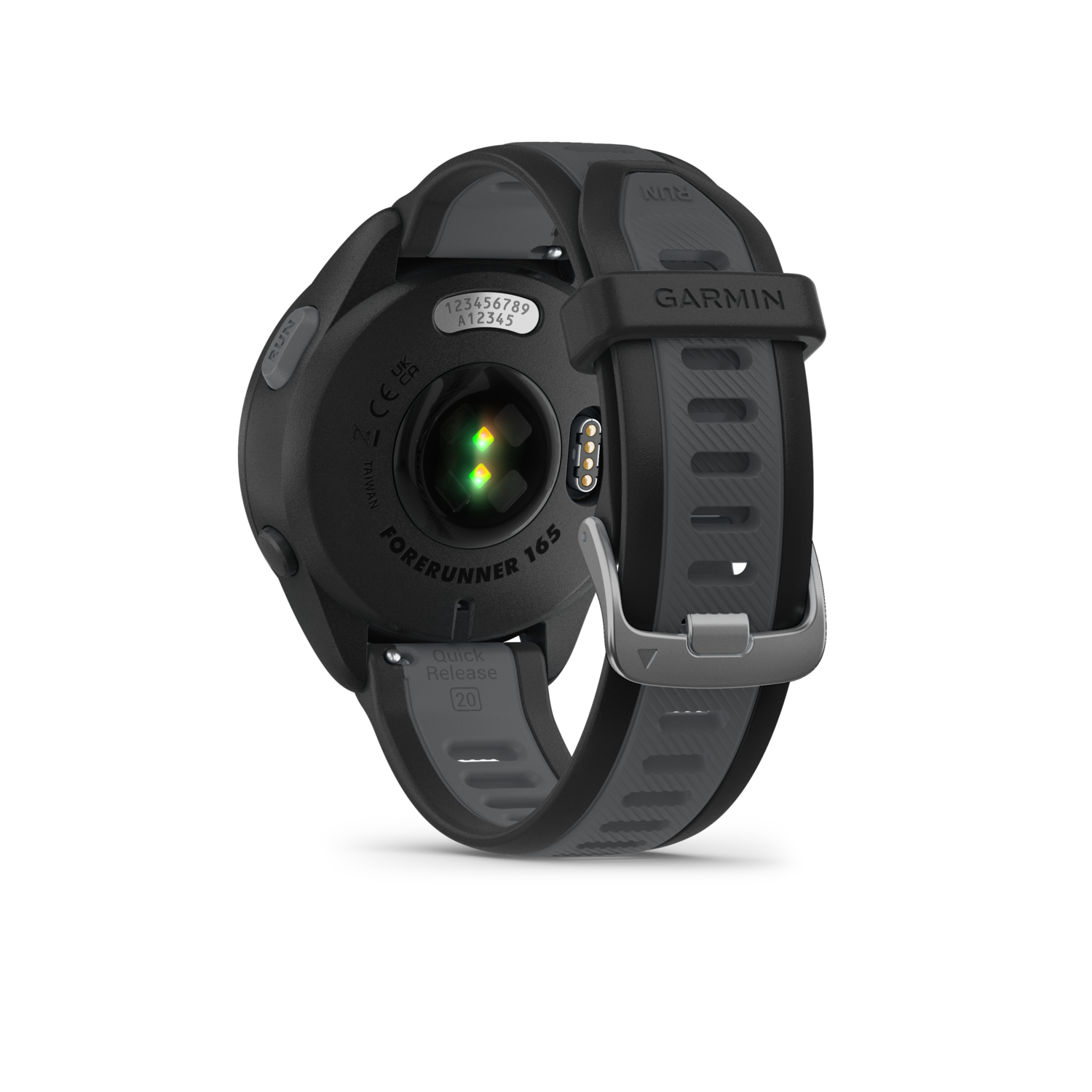 A black Garmin Forerunner 165 watch, back view, on a black background.