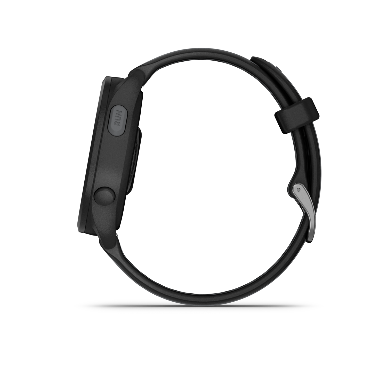 Black Garmin watch, side view. A black strap with a silver buckle is attached.