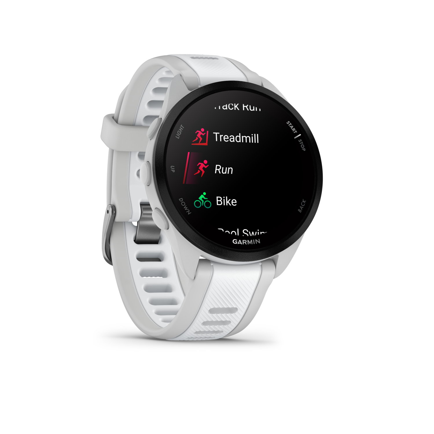 White and gray smartwatch with a black screen displaying activity icons.