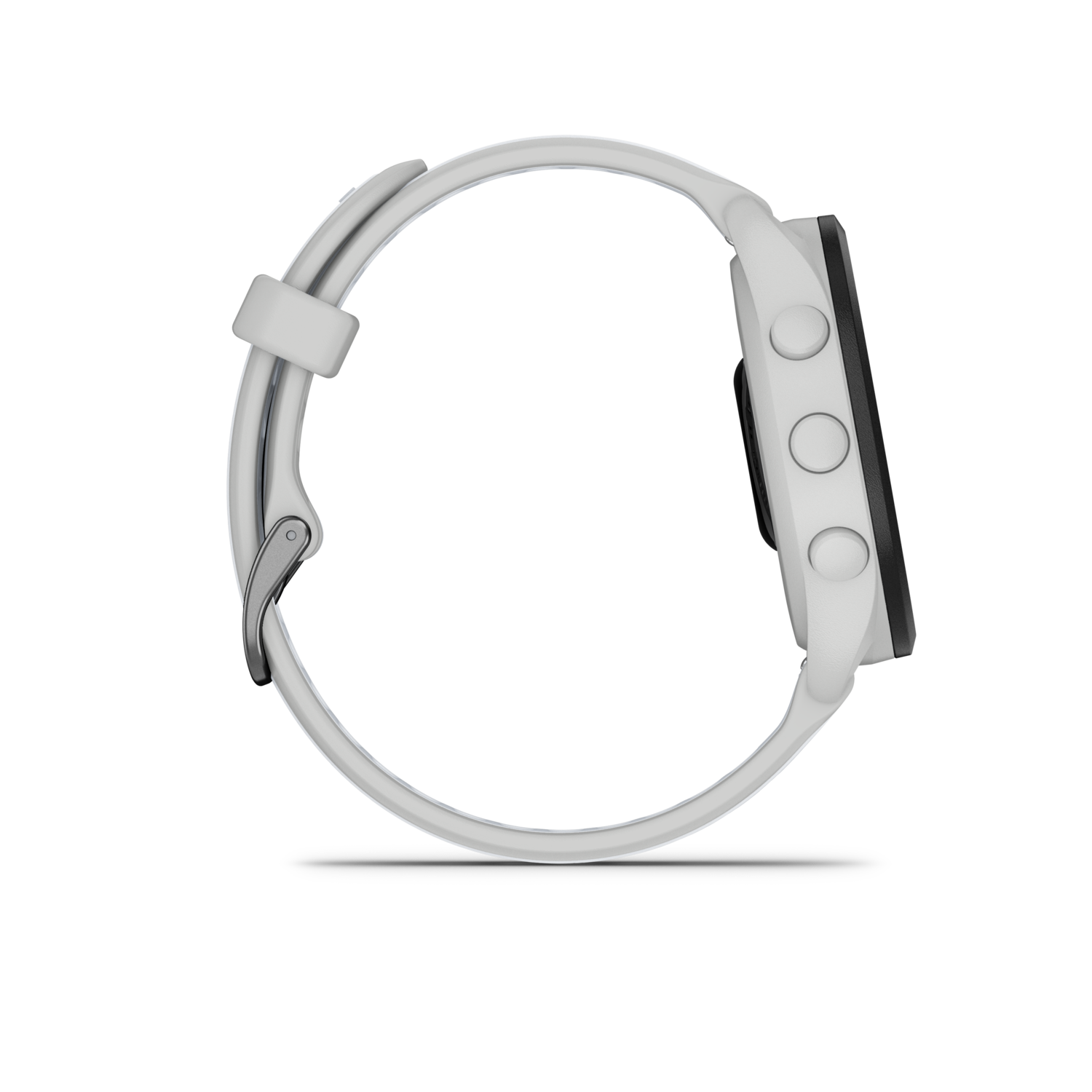 White Garmin smartwatch with a white band, seen from the side. Black background.