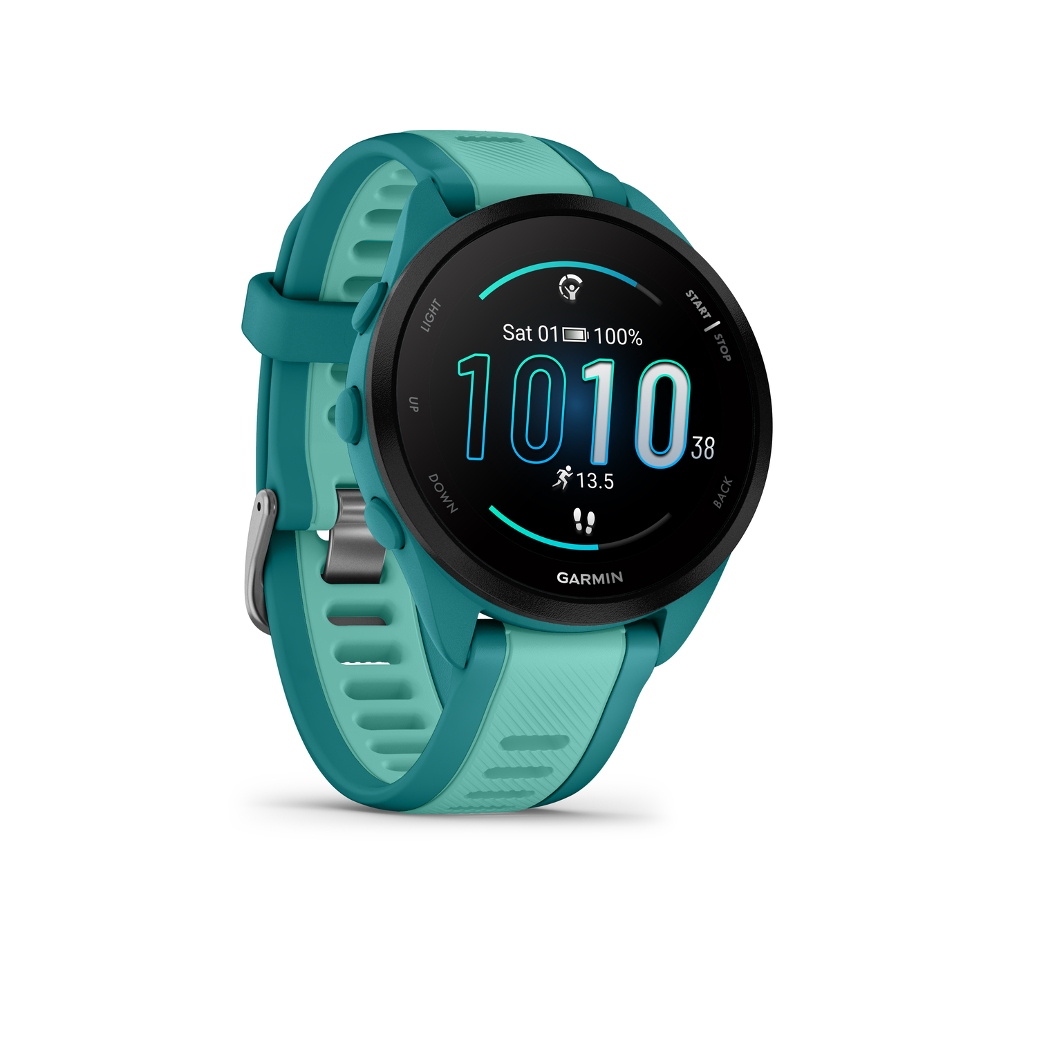 Een teal smartwatch met een zwart scherm en twee knoppen.