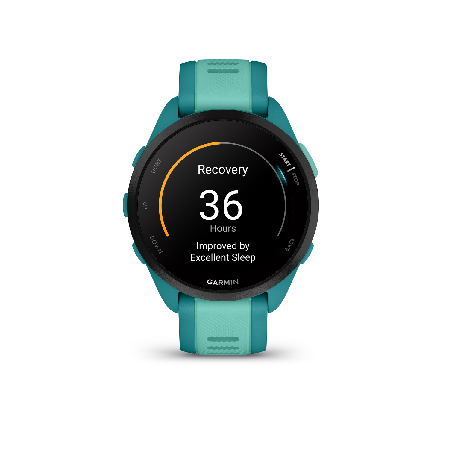 Garmin smartwatch met een zeegroene band en een scherm met hersteltijd.