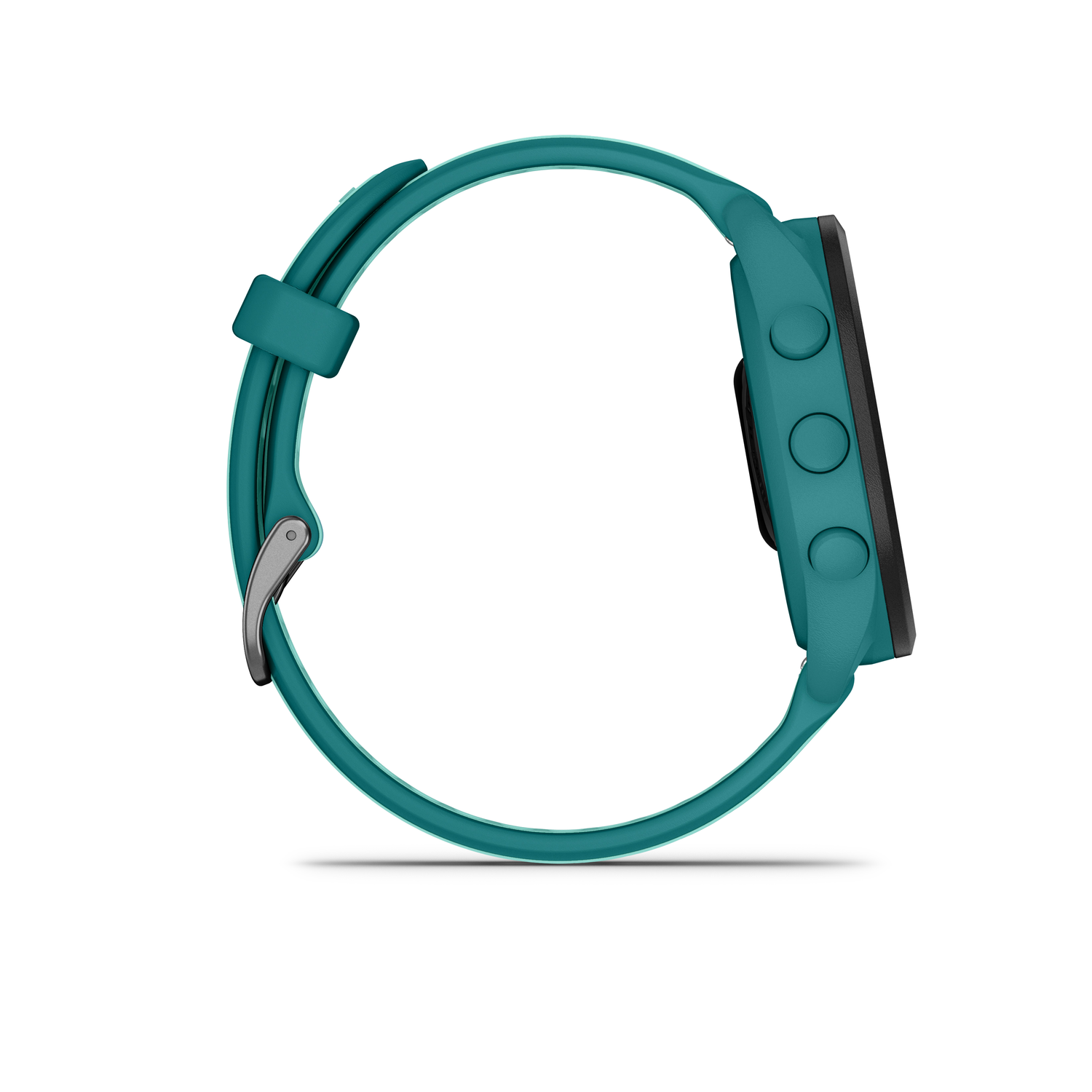 Turquoise smartwatch om de pols, zijaanzicht met zichtbare knoppen.