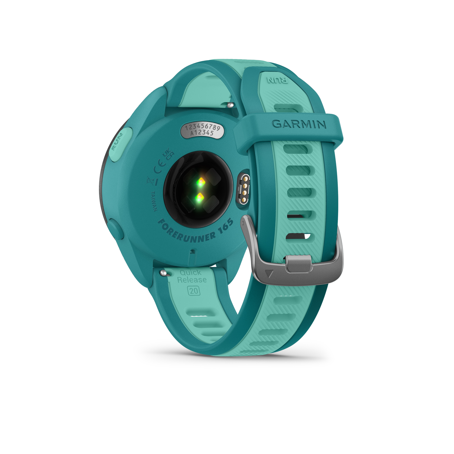 Teal Garmin horloge, onderaanzicht. Toont de achterkant met sensoren en bandjes.