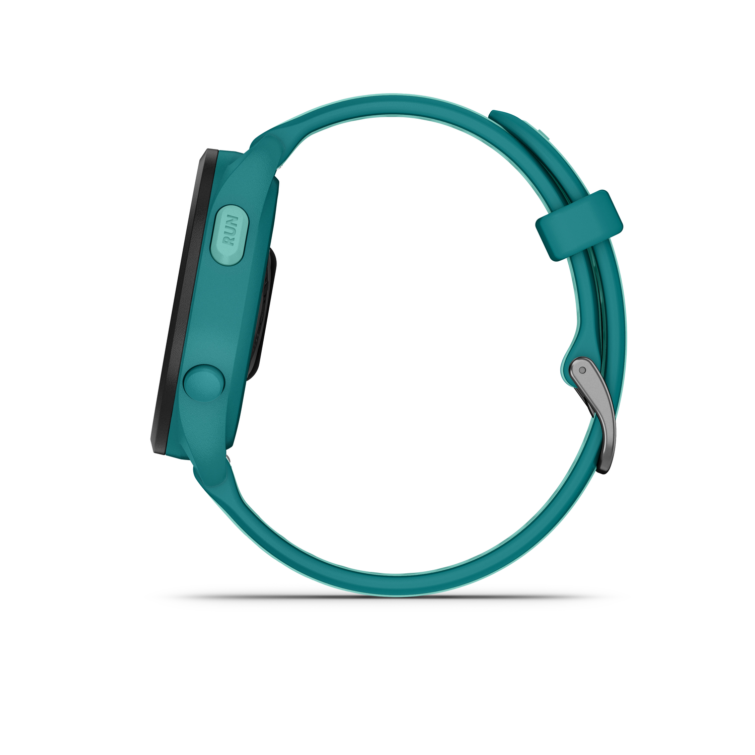 Turquoise Garmin horloge, zijaanzicht, met zwart scherm en turquoise bandje.