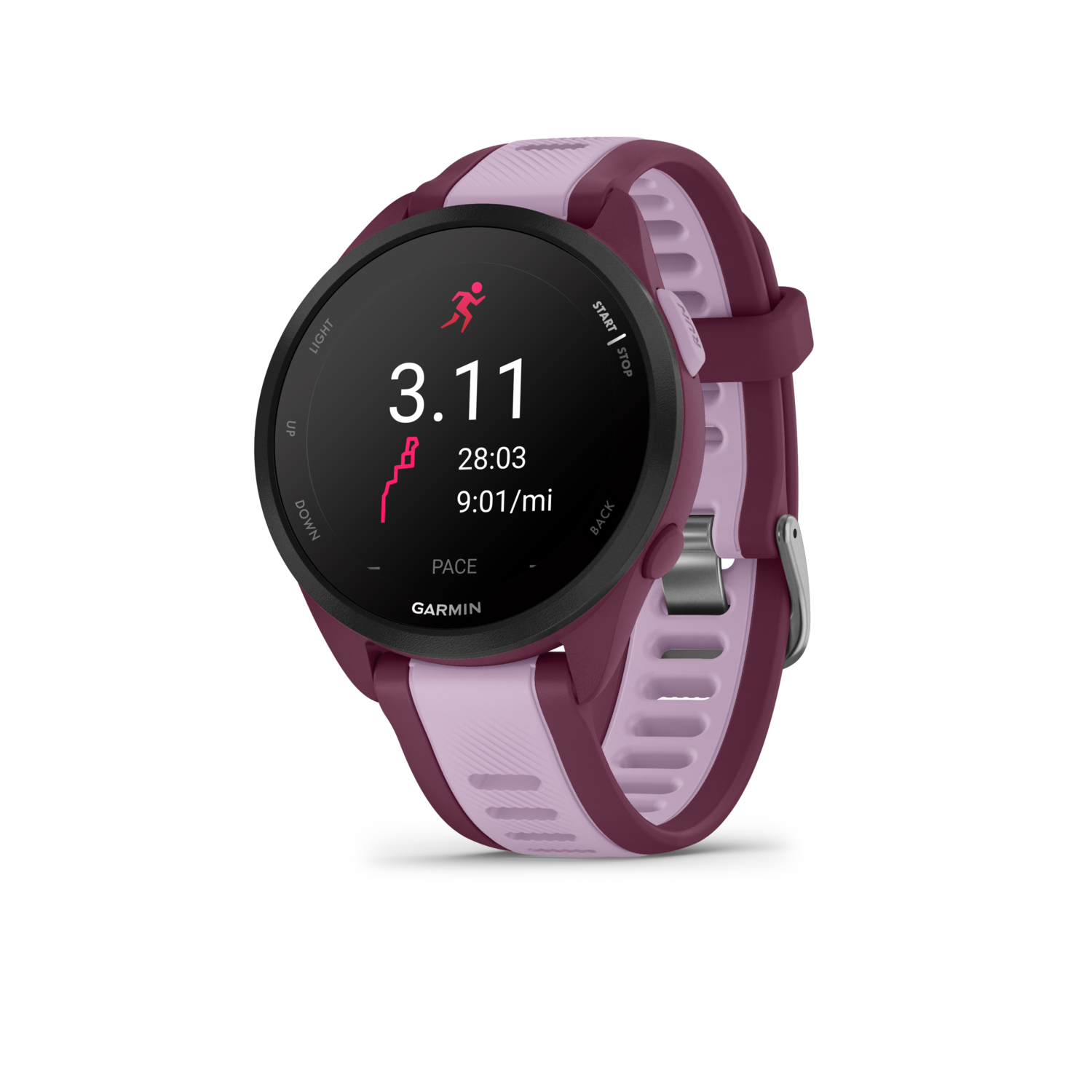 A maroon and lilac smartwatch. Display shows running stats. Black background. Garmin logo.