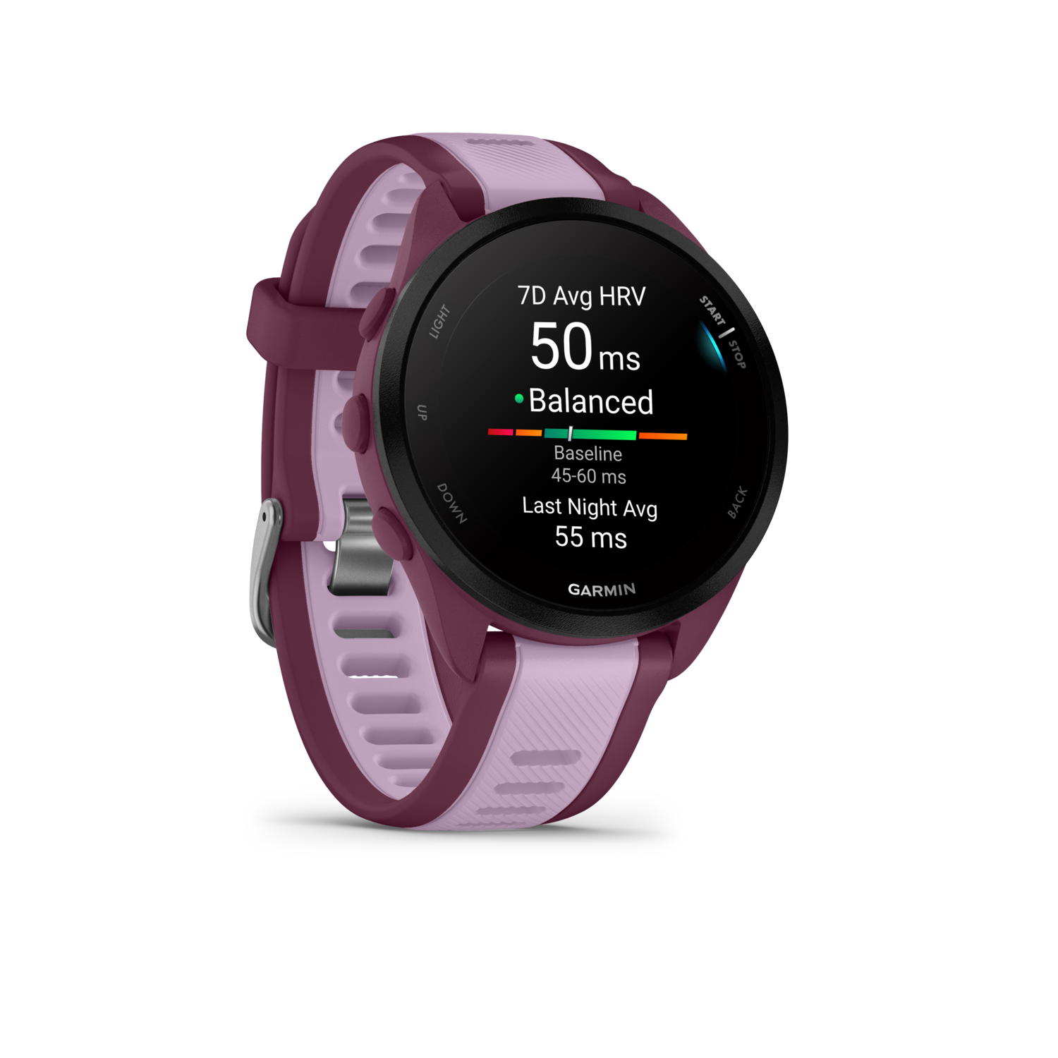 A purple Garmin smartwatch with a black screen and data display. Has purple and pink straps and buttons.