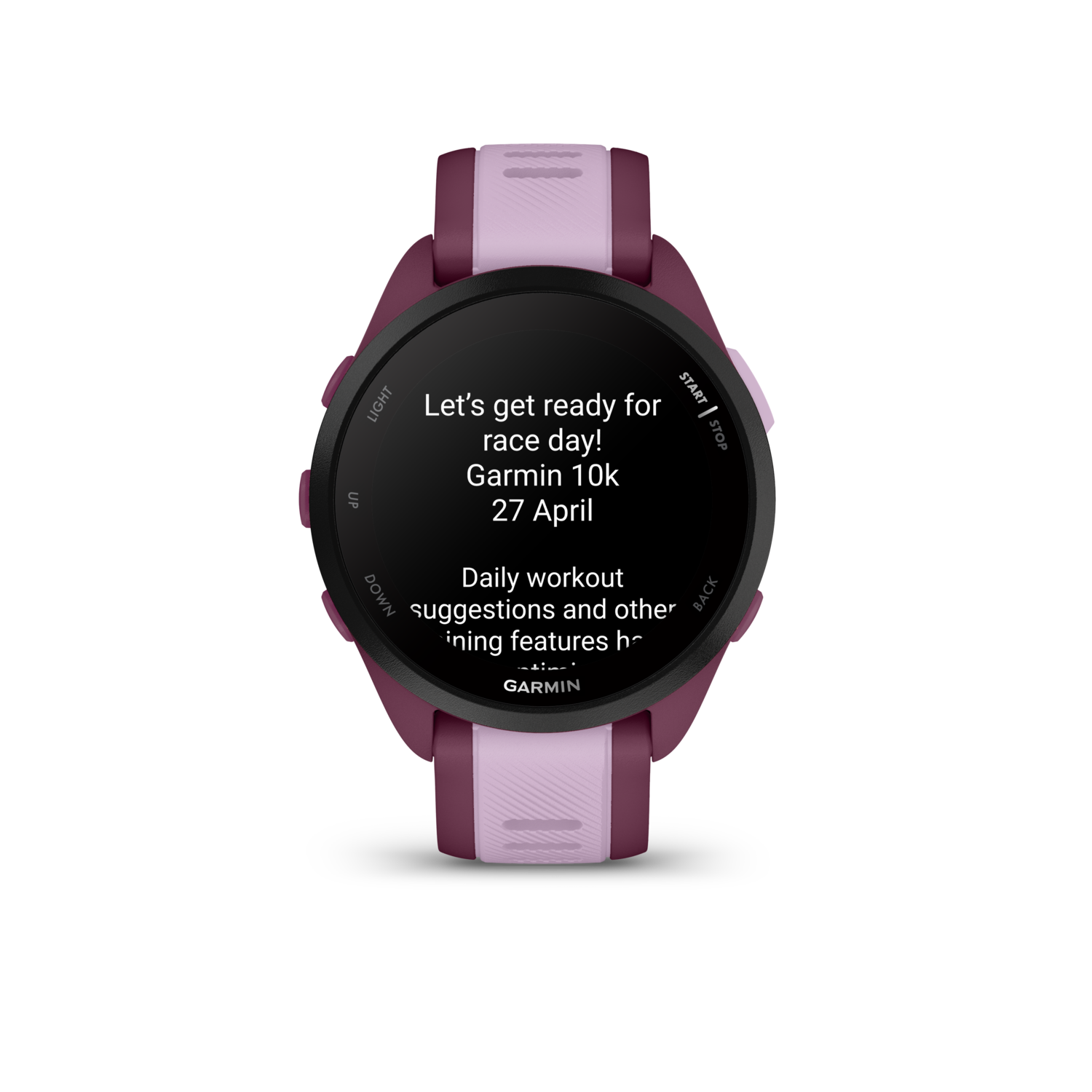 A Garmin watch showing a race day countdown and training suggestions.