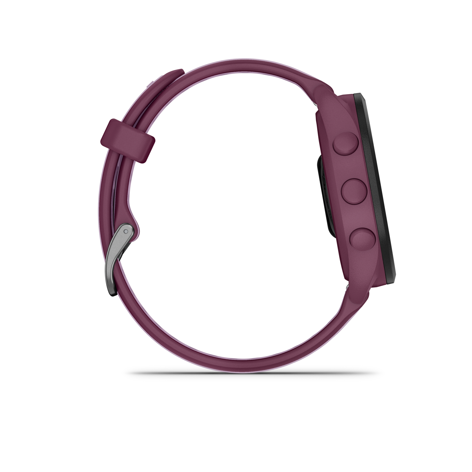 Purple smartwatch, side view. Three buttons on the side. Black background.