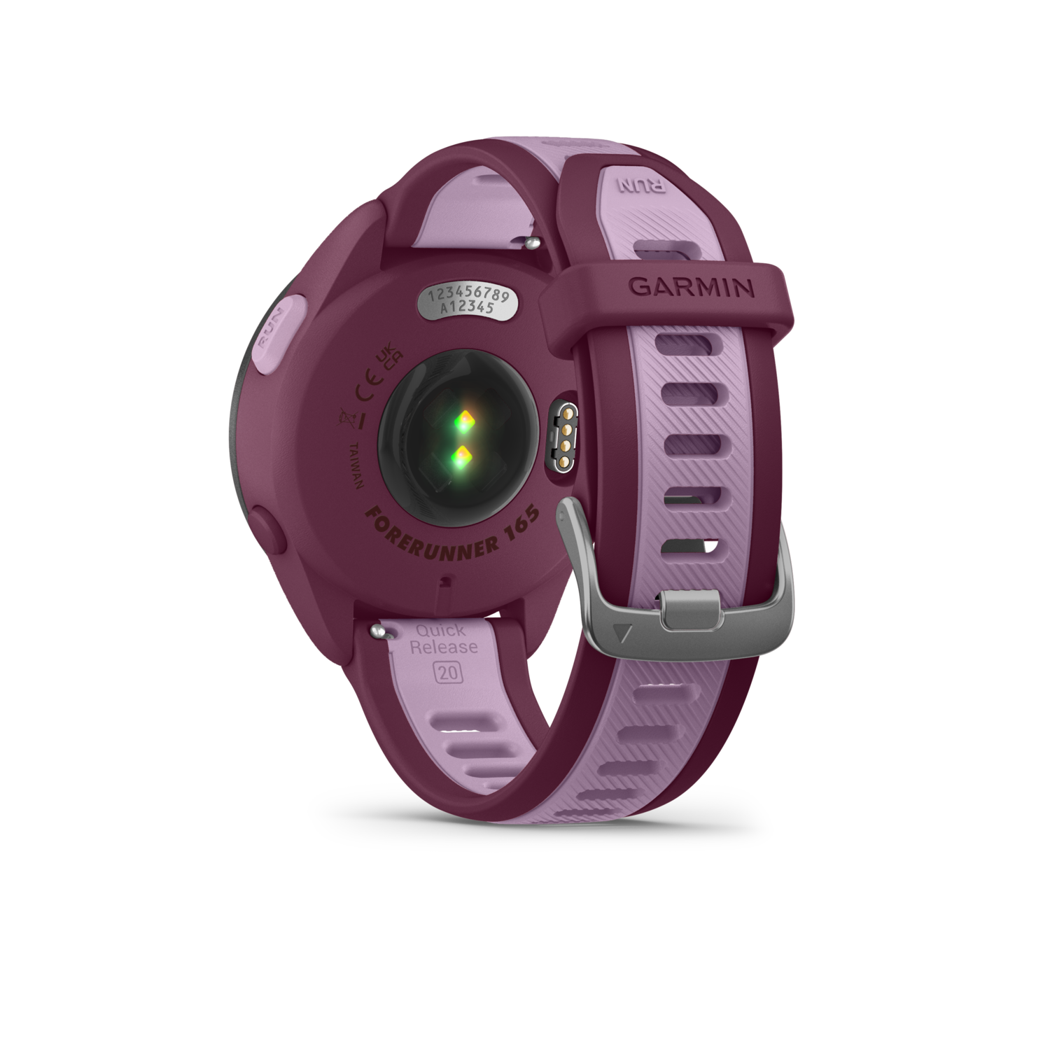 A purple Garmin Forerunner 165 smartwatch, back view.