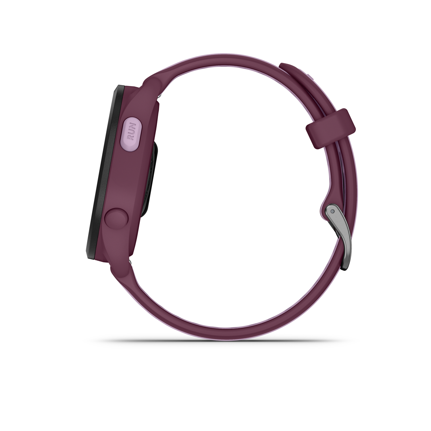 A maroon smartwatch with a round display and a maroon strap against a black background.