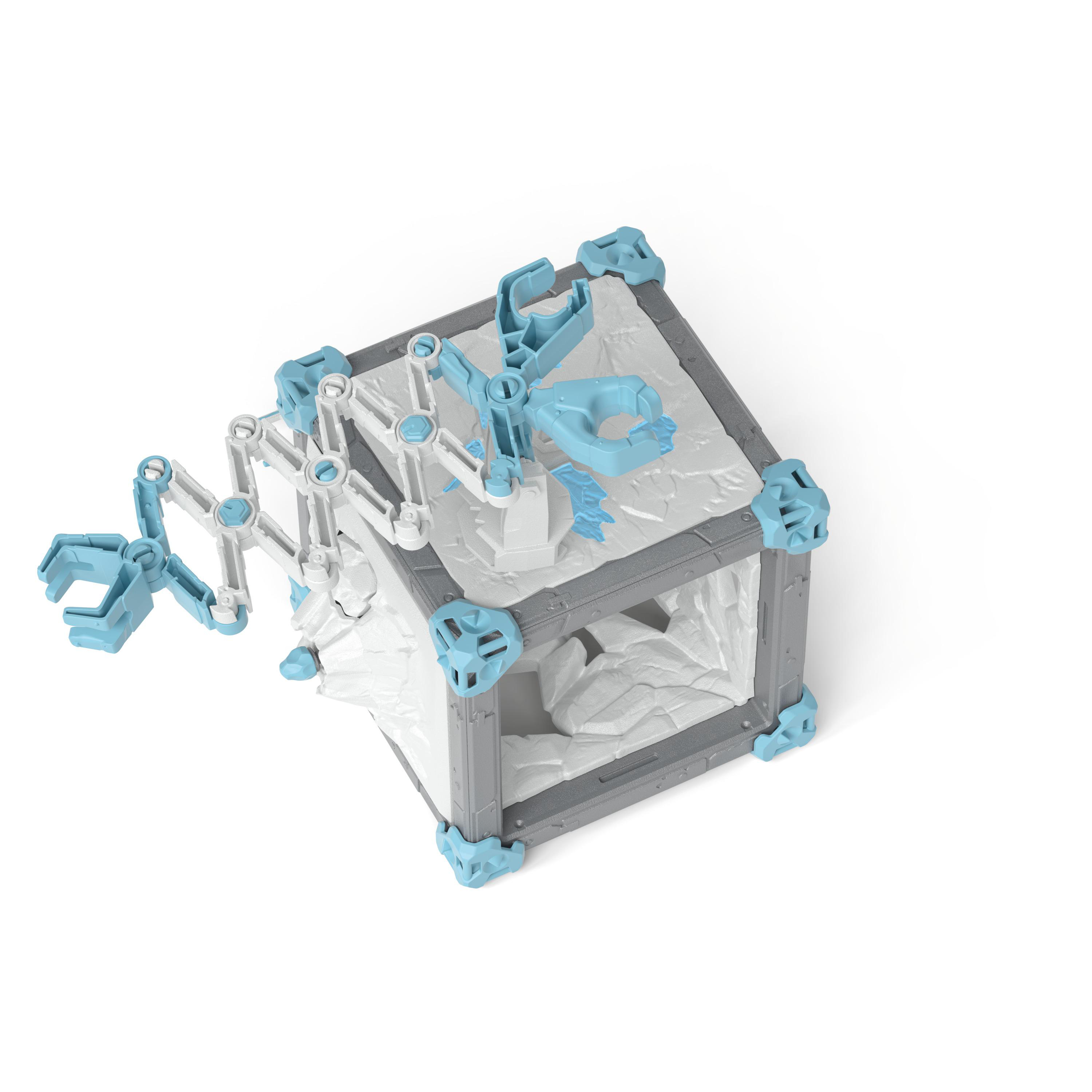 Ein weißes und blaues Roboterspielzeug mit einem Würfel und Gelenkarmen.