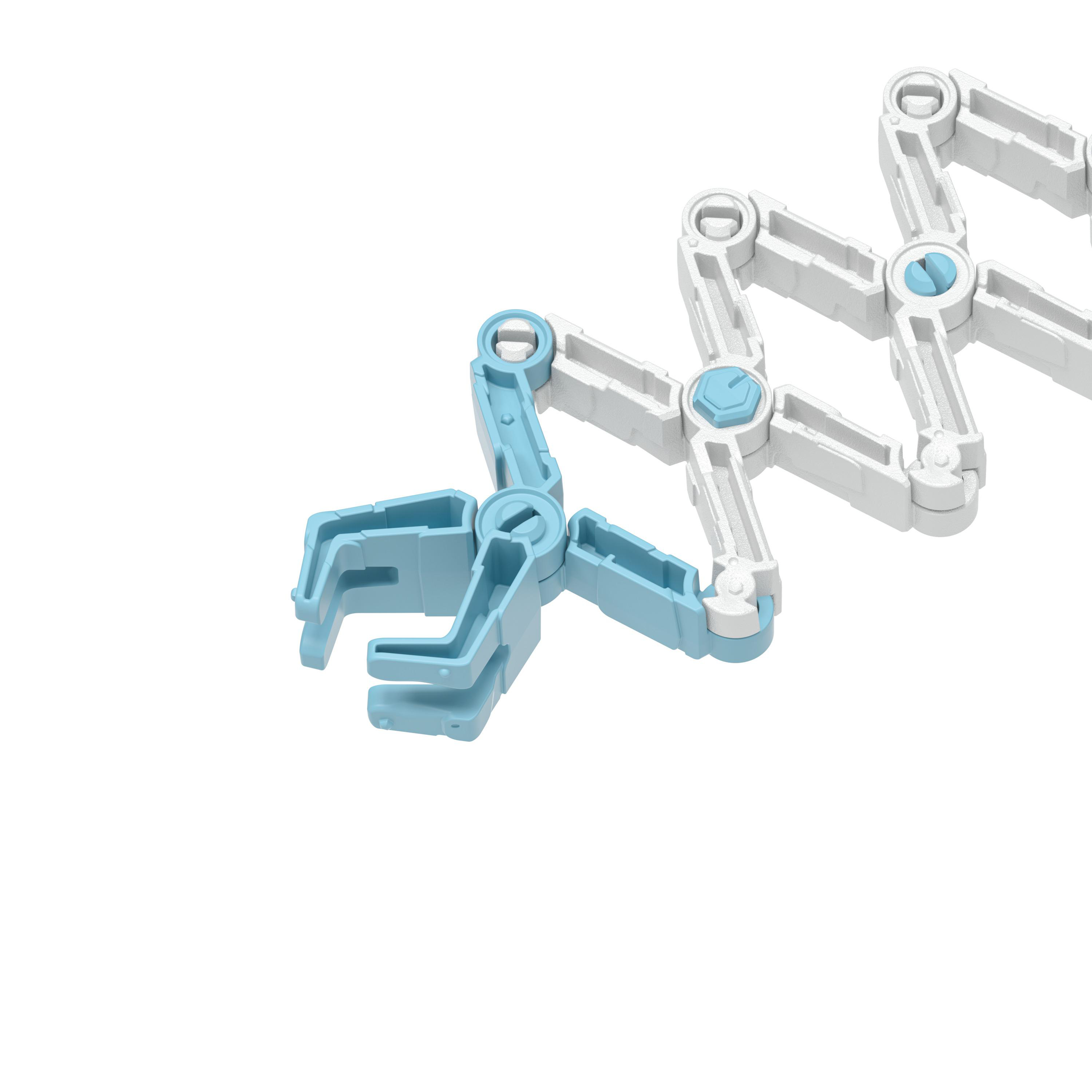 Ein bewegliches Plastikspielzeug, in Blau und Weiß, mit einem krallenartigen Greifmechanismus.