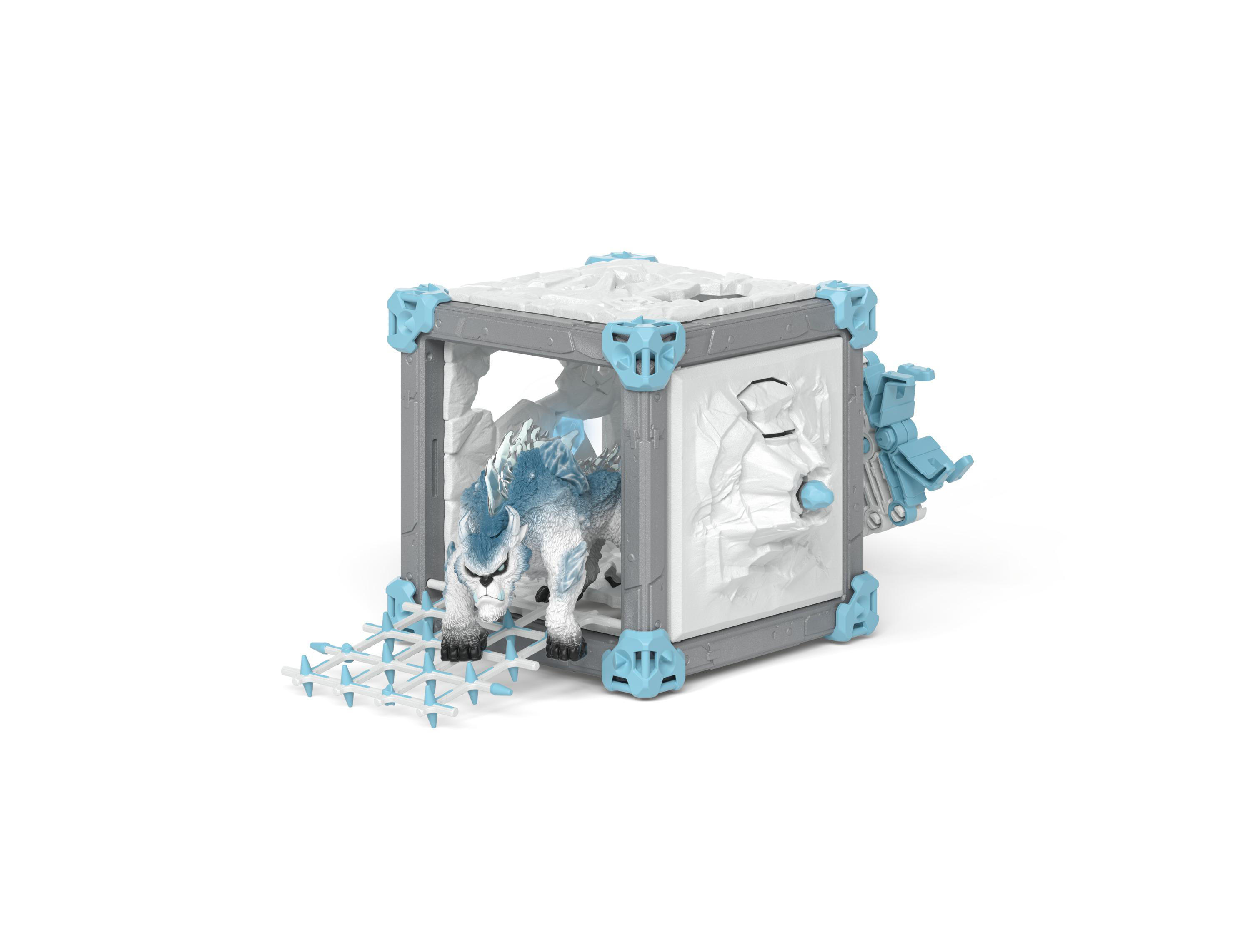 Spielzeugmodell eines Monsters in einem Käfig. Der Käfig besteht aus grauen und blauen Blöcken, das Monster ist blau.