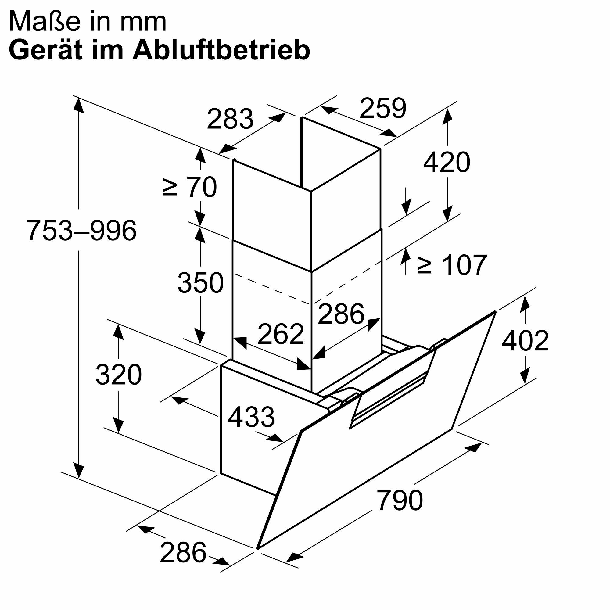 Technische Zeichnung einer Dunstabzugshaube mit Maßen.
