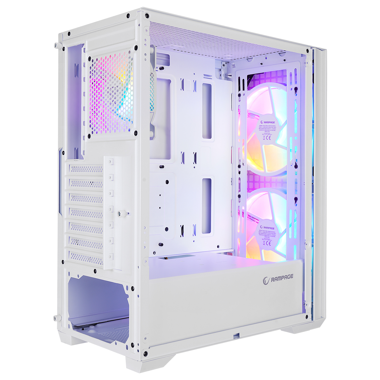RGB fanlı beyaz bilgisayar kasası, açık görünüm.