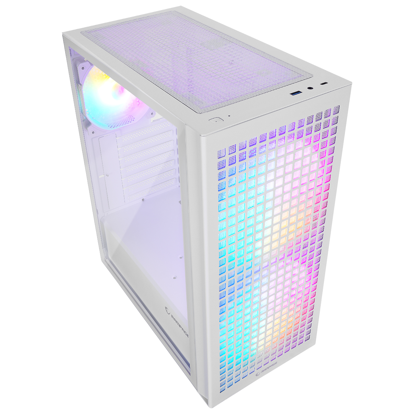 Cam yan panelli ve yanan RGB fanlı beyaz bir bilgisayar kasası, yukarıdan açılı.
